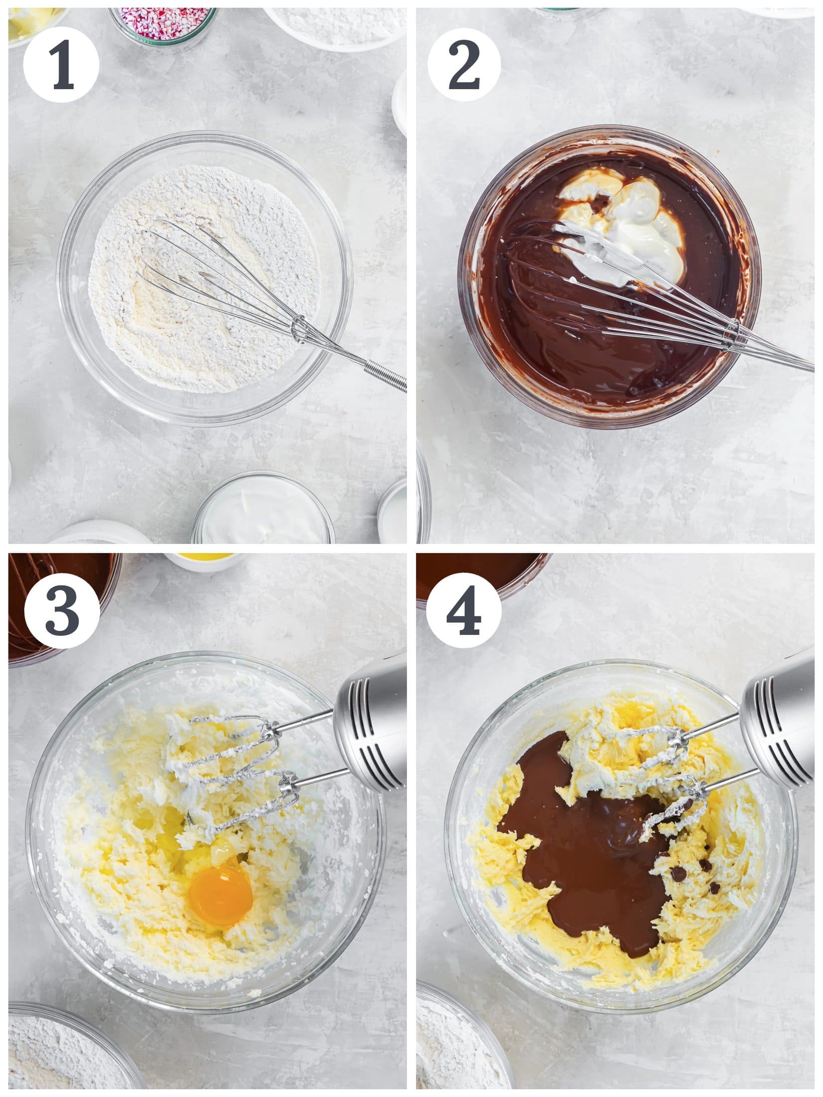 Showing the process of mixing batter for chocolate peppermint cupcakes.