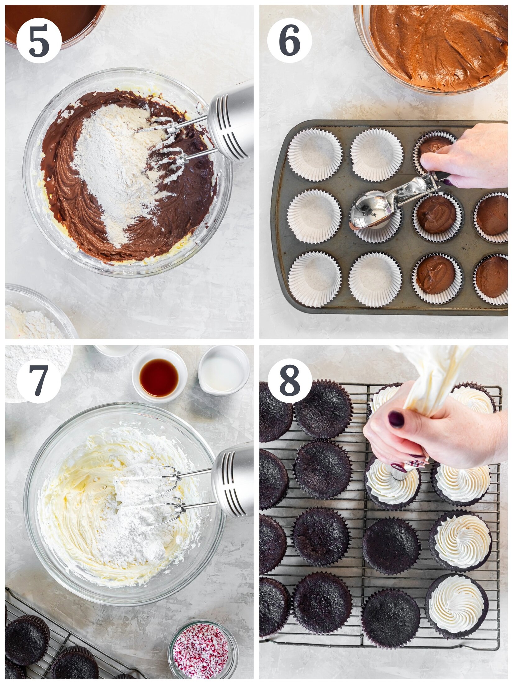 The process of making and frosting peppermint cupcakes.