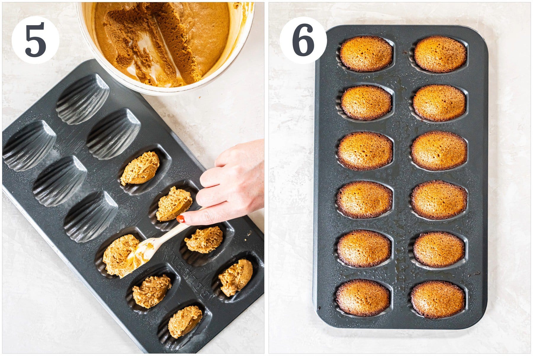 Adding cookie batter to a madeleine pan.