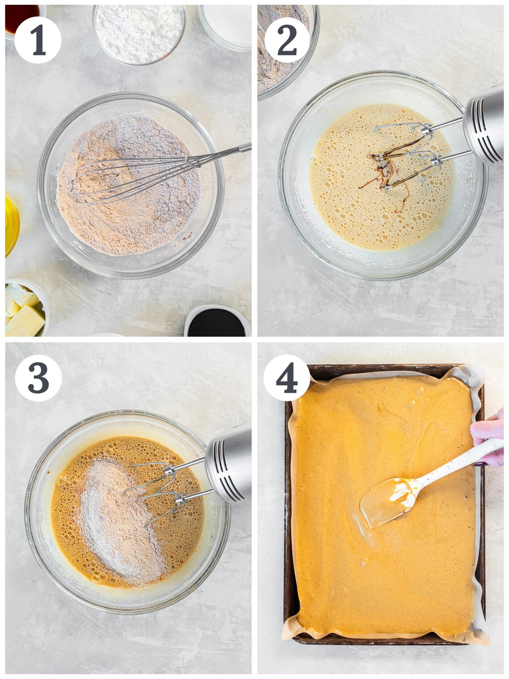 Showing the process of mixing ingredients to make a cake.