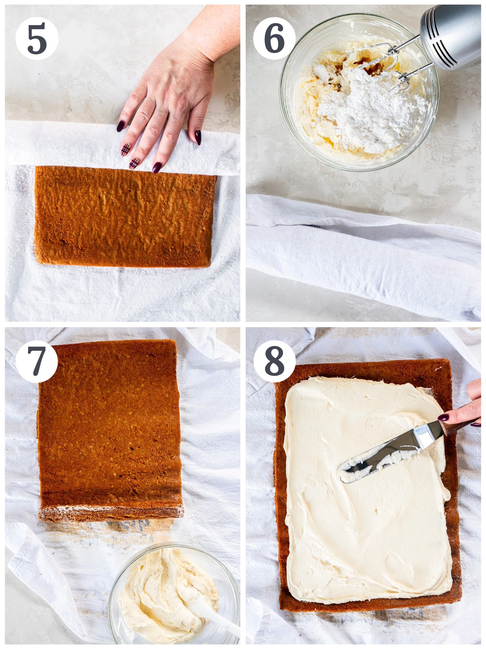 Showing how to roll a gingerbread roll cake and spread the filling.