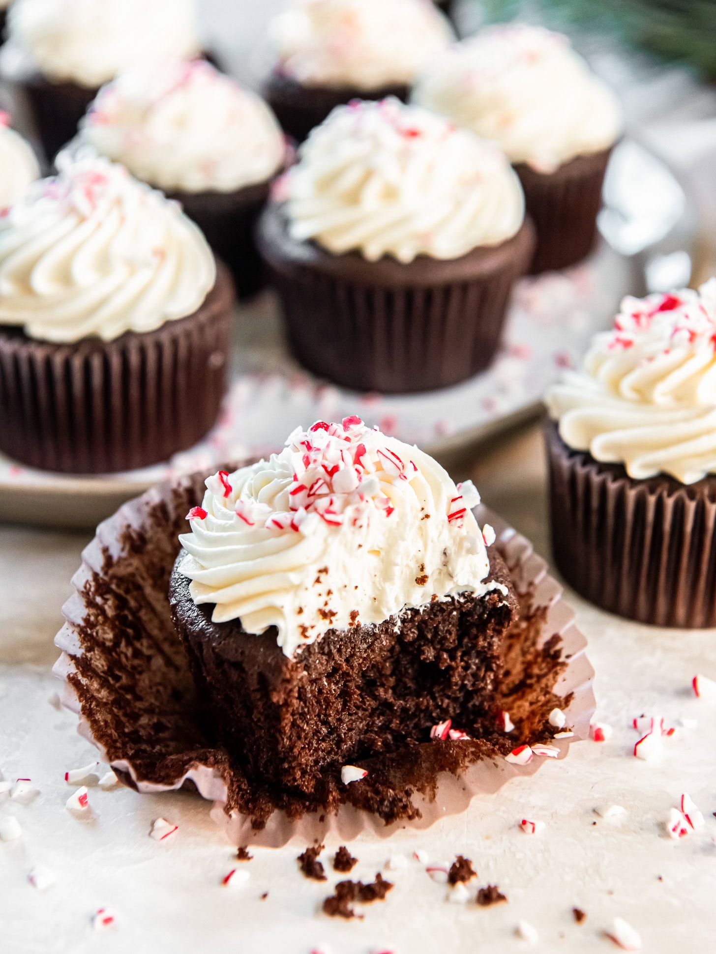 Peppermint cupcake with a bite taken out.