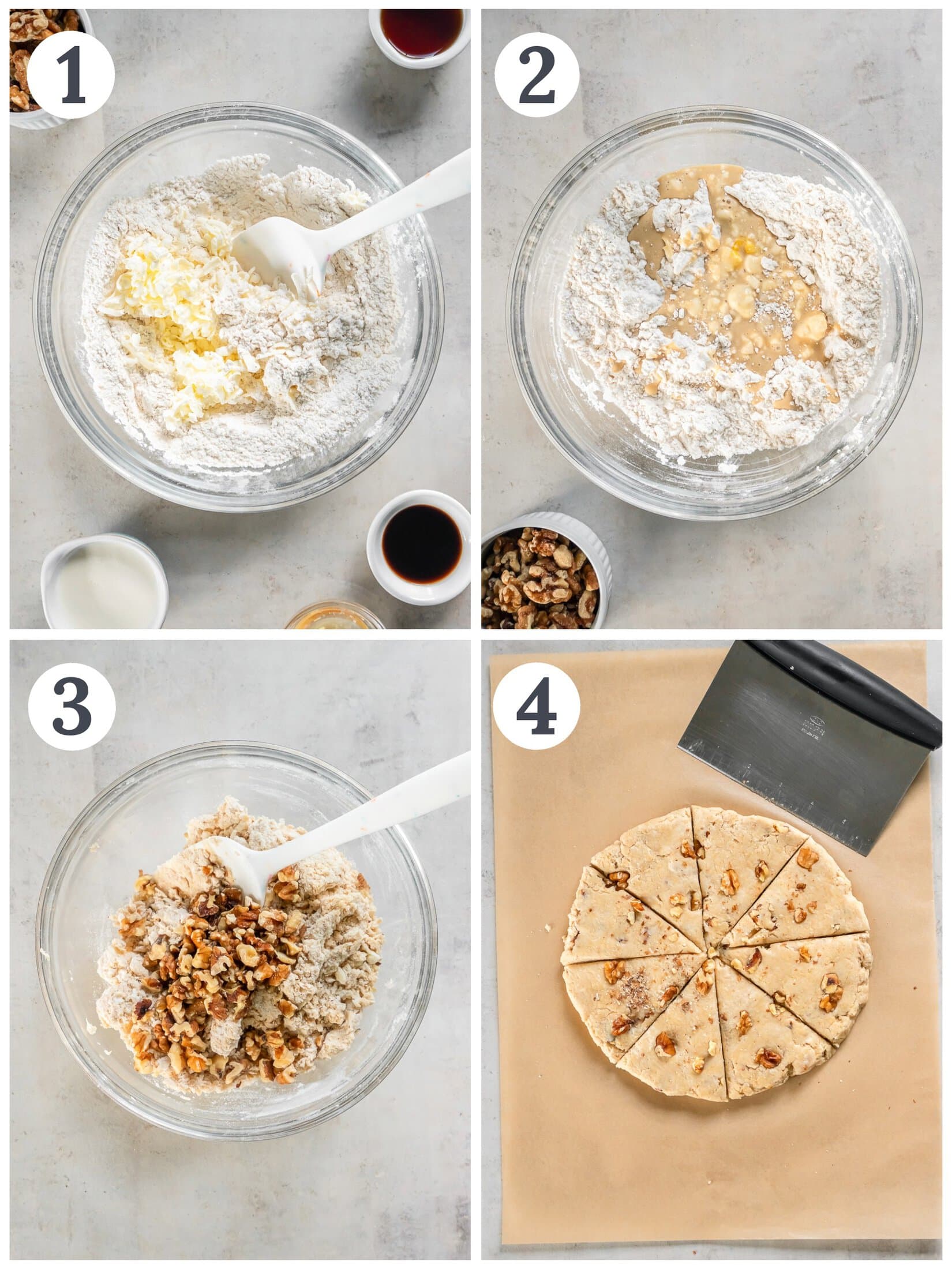 The process of mixing dry ingredients with flour and then shaping the scone dough.
