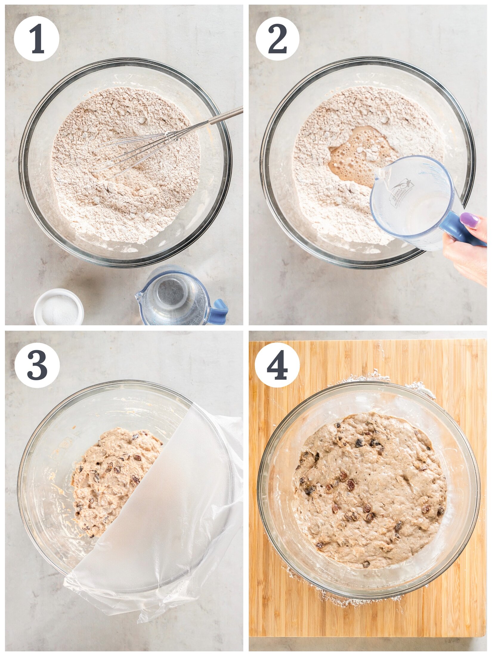 Mixing flour with salt and cinnamon and adding in water, then coving a bowl with dough.