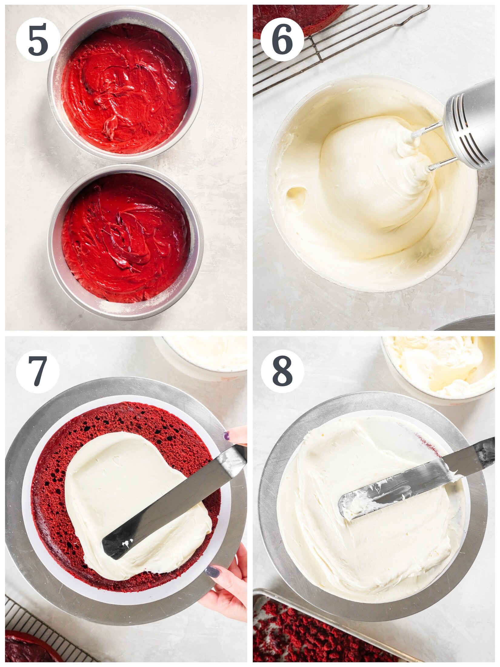 Show how to make and frost a red velvet cake.