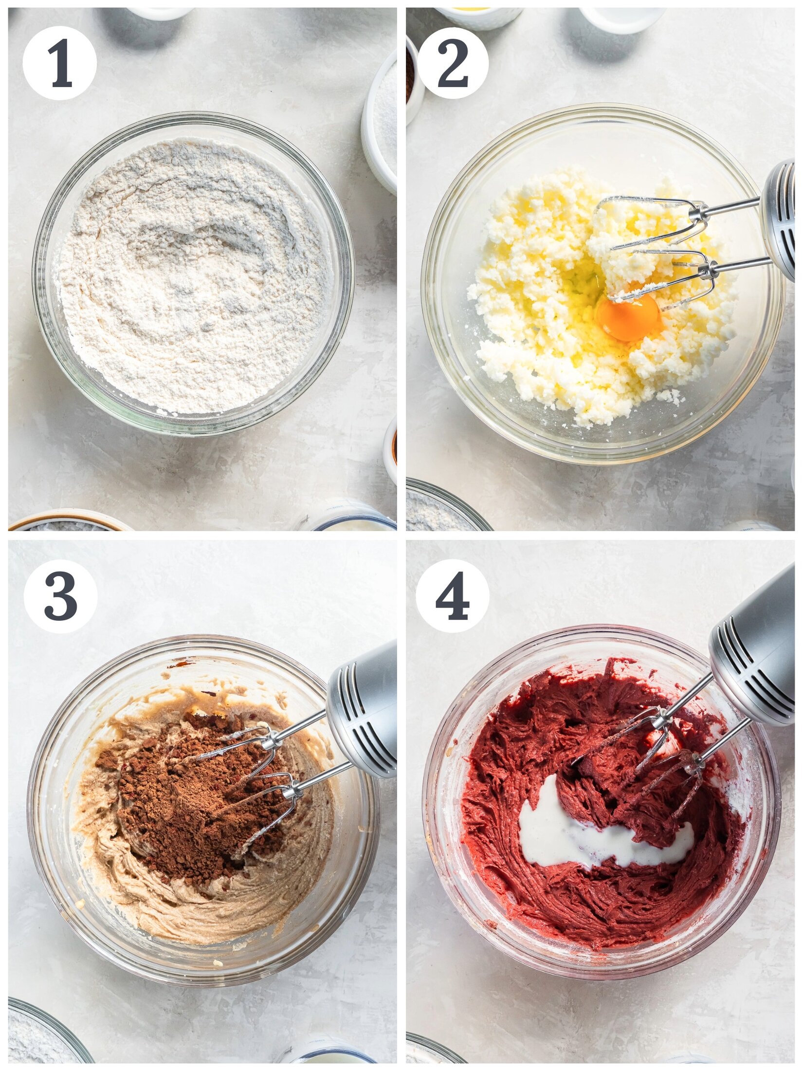 The process of stirring batter for red velvet cake.
