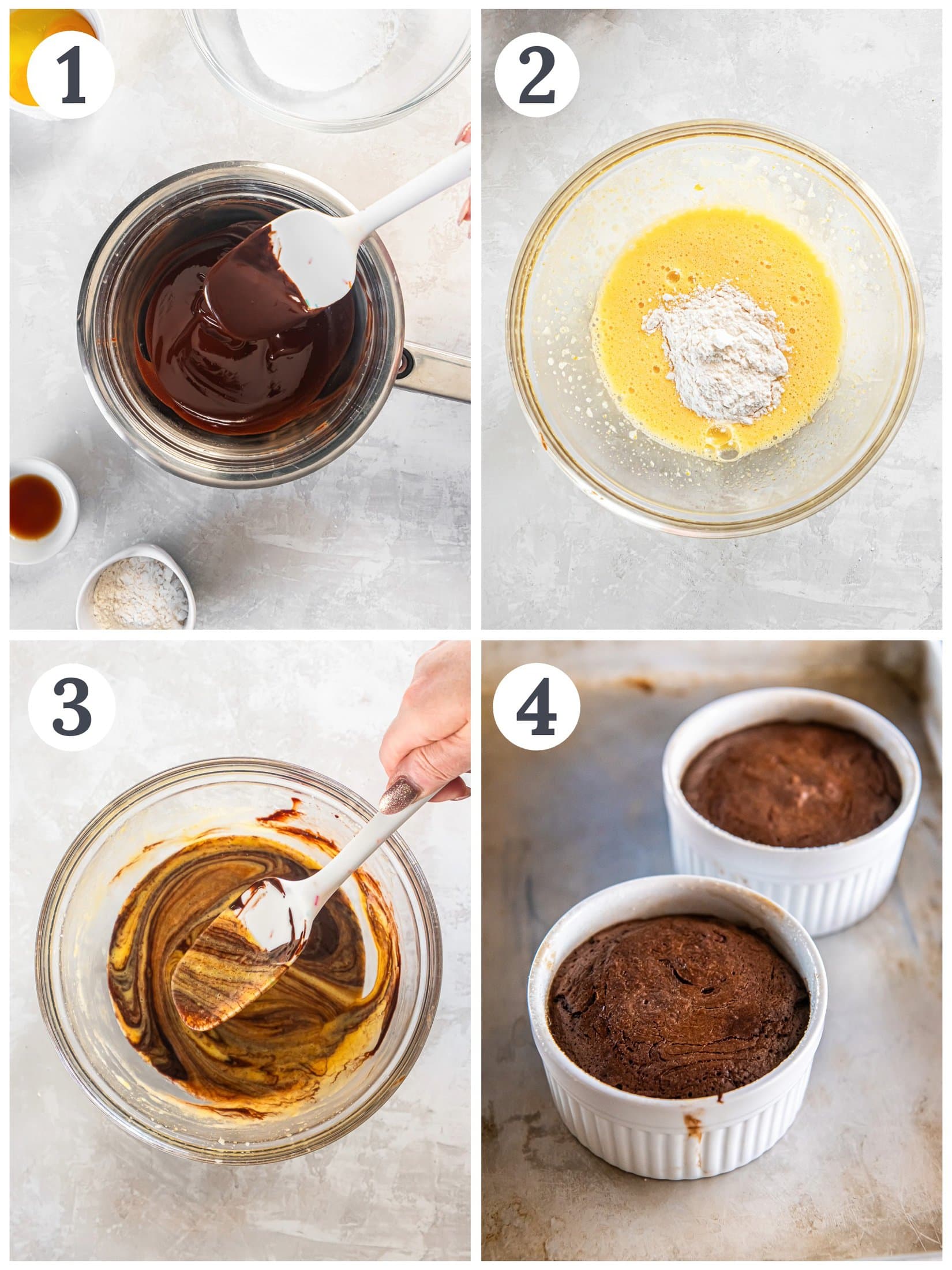 Showing the process of mixing chocolate cake batter and dividing it into two ramekins.