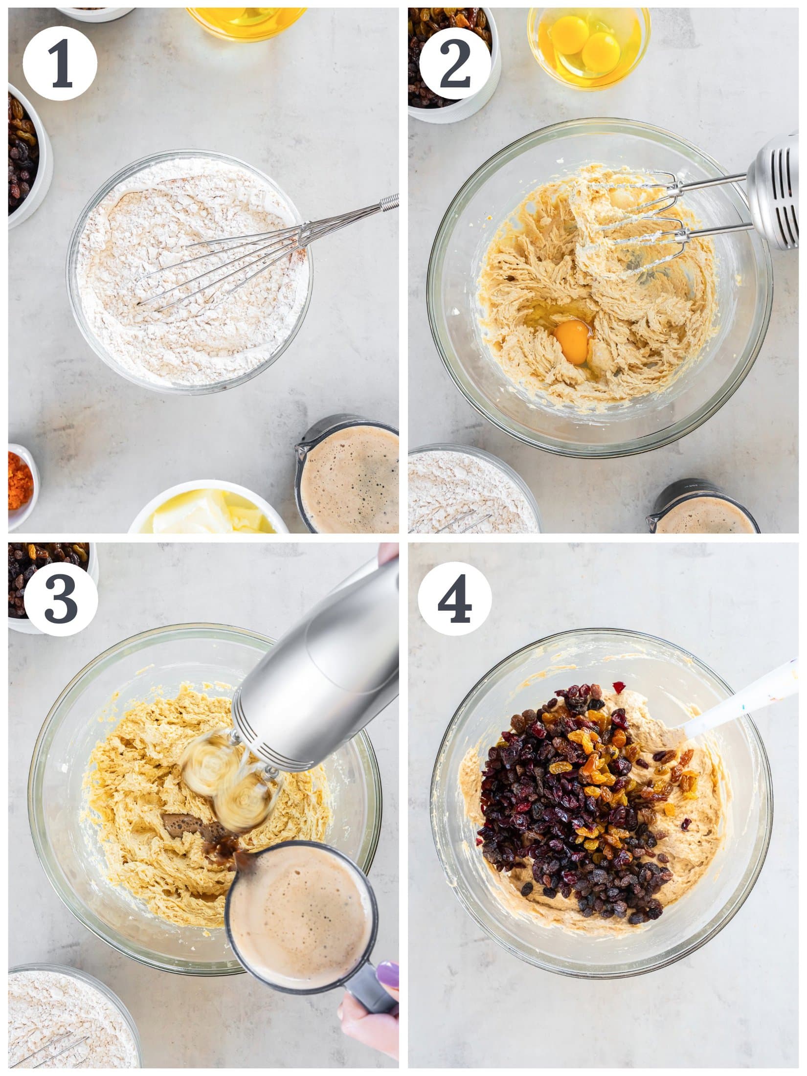 The process of mixing cake batter in a large bowl.