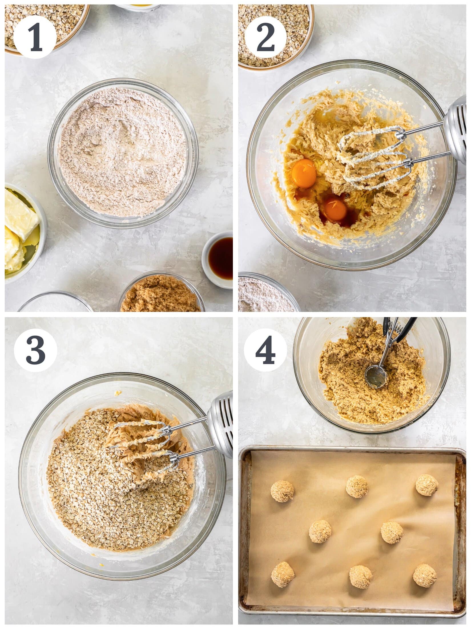 The process of mixing and scooping dough for oatmeal cookies. 