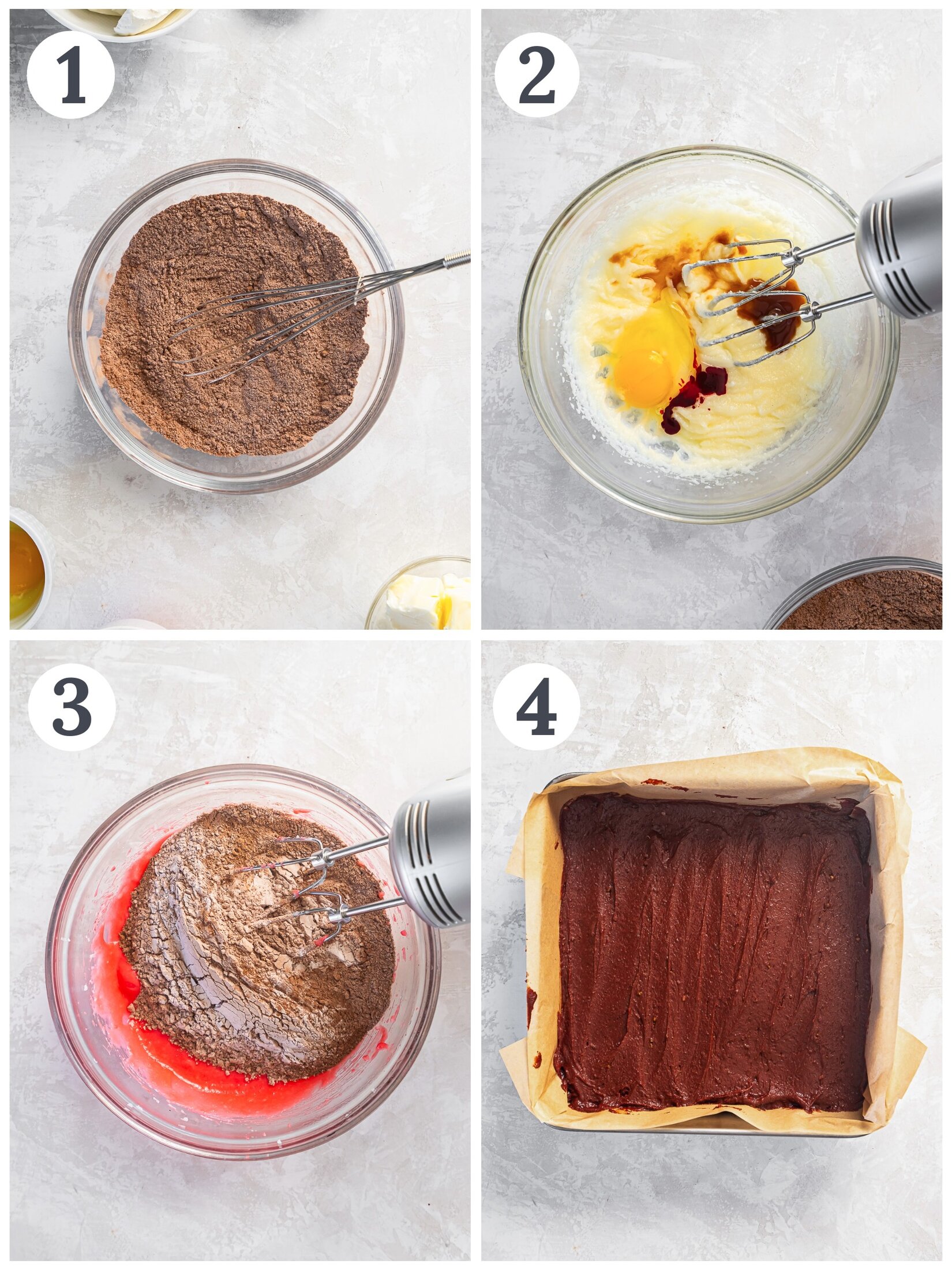 Stirring red velvet batter and transferring it to a pan.