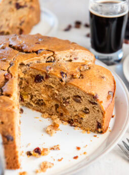 Irish porter cake with a slice taken removed.