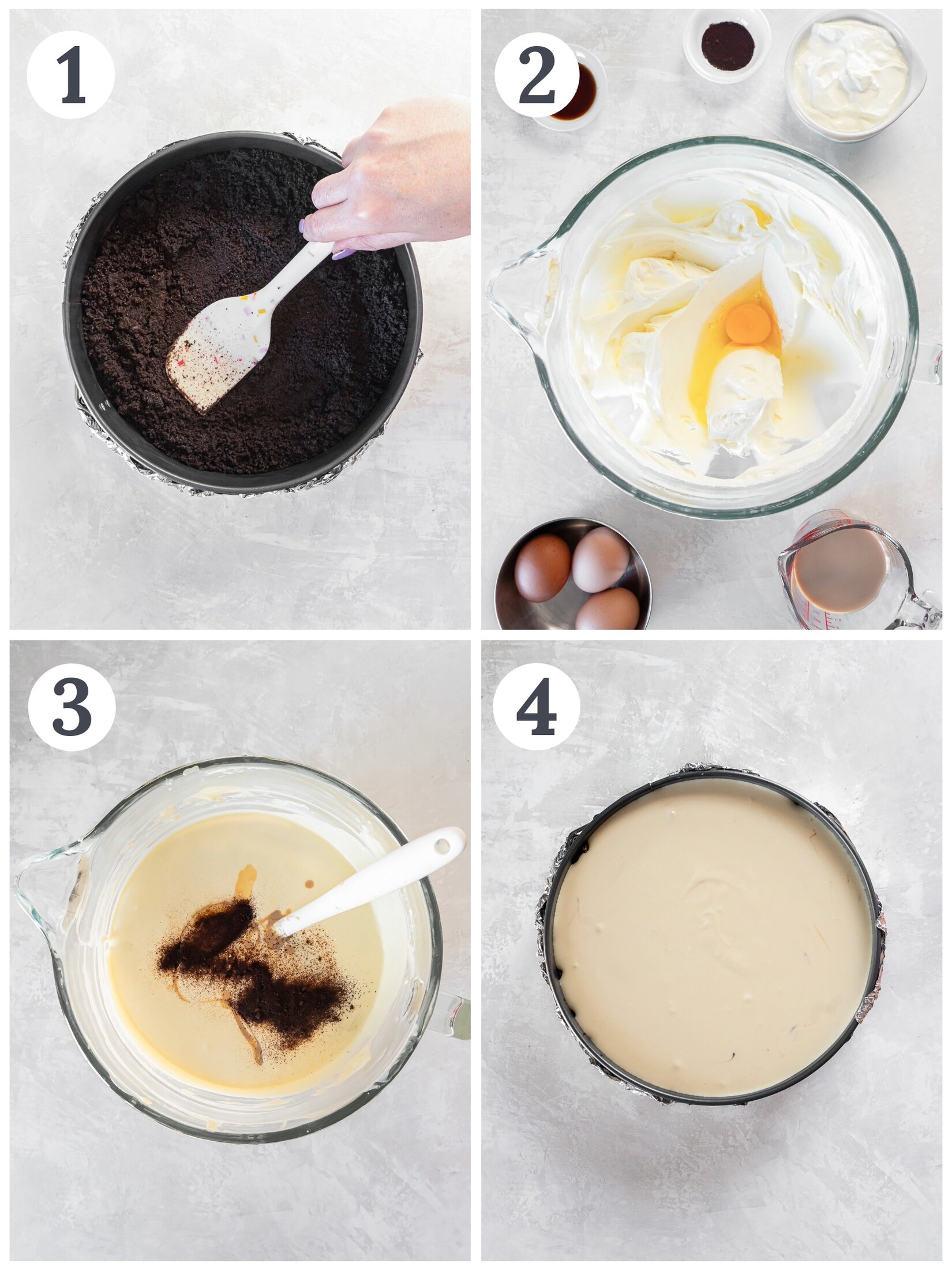 The process of pressing an Oreo crust into a pan and mixing cheesecake filling.