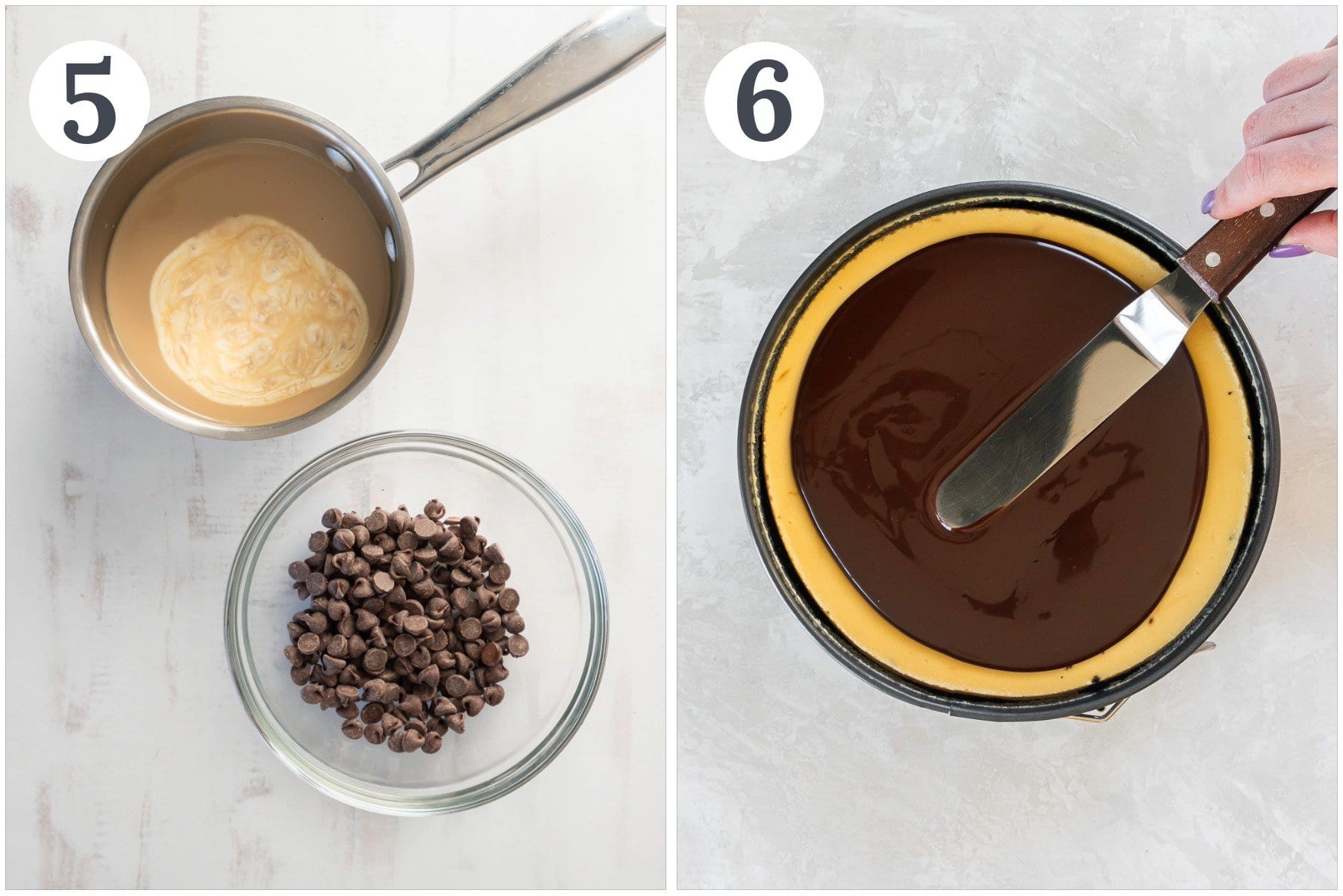 Process of making and spreading ganache on a cheesecake.