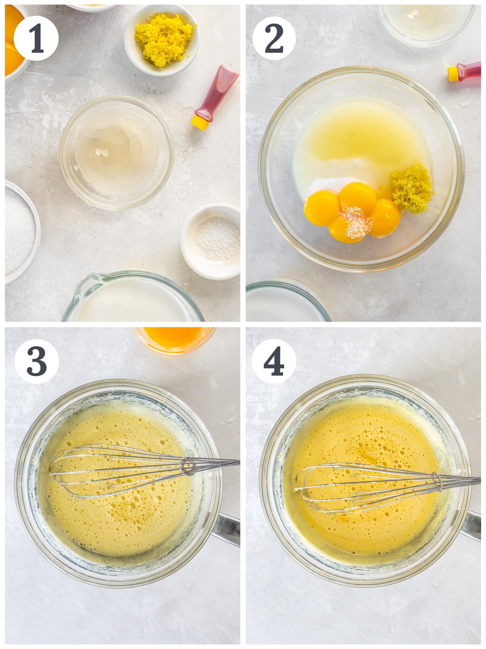 Showing the process of mixing egg yolks, sugar, lemon juice, lemon zest, and salt to make mousse.