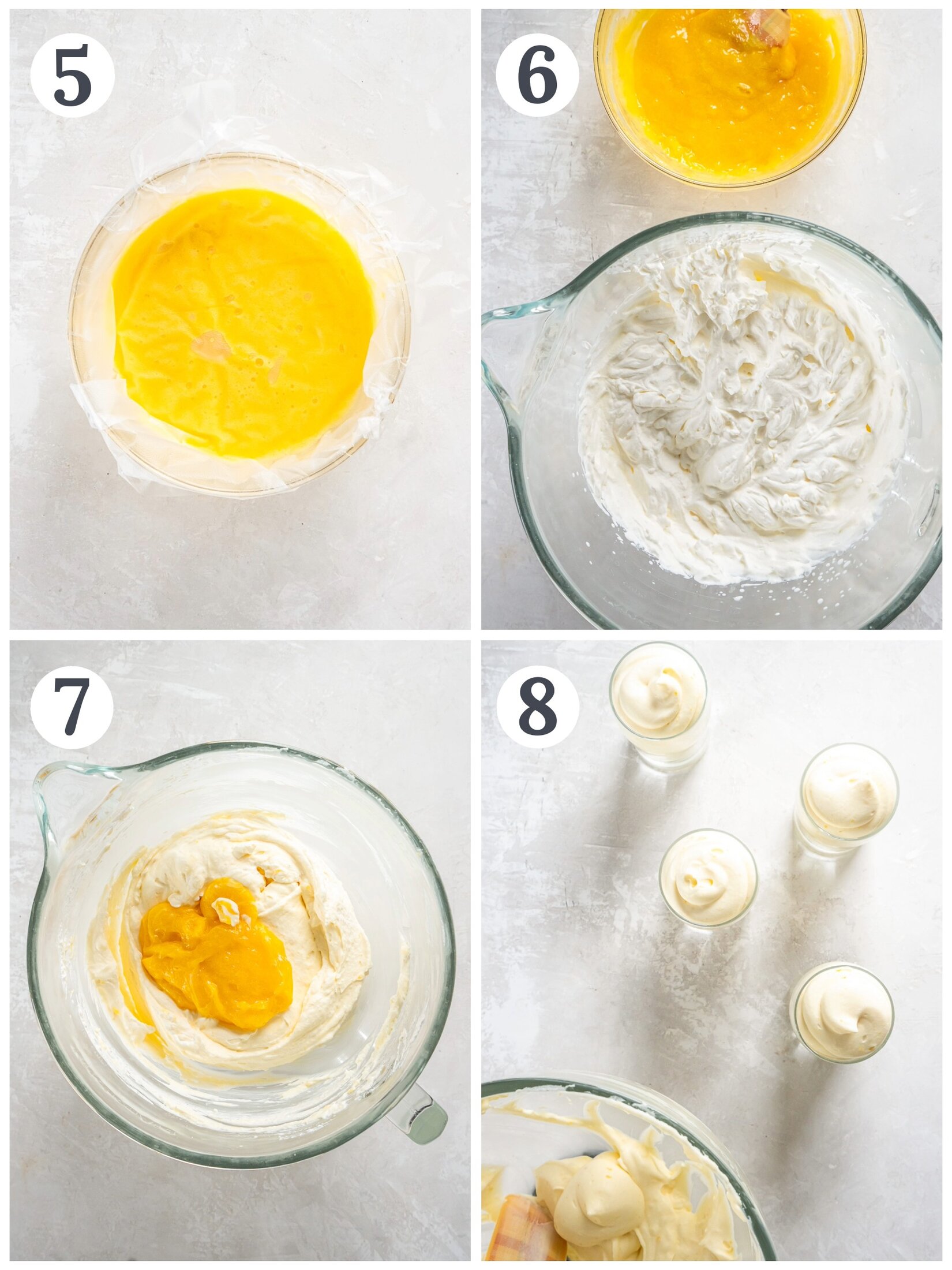 Showing the process of making lemon mousse and serving in individual glasses.
