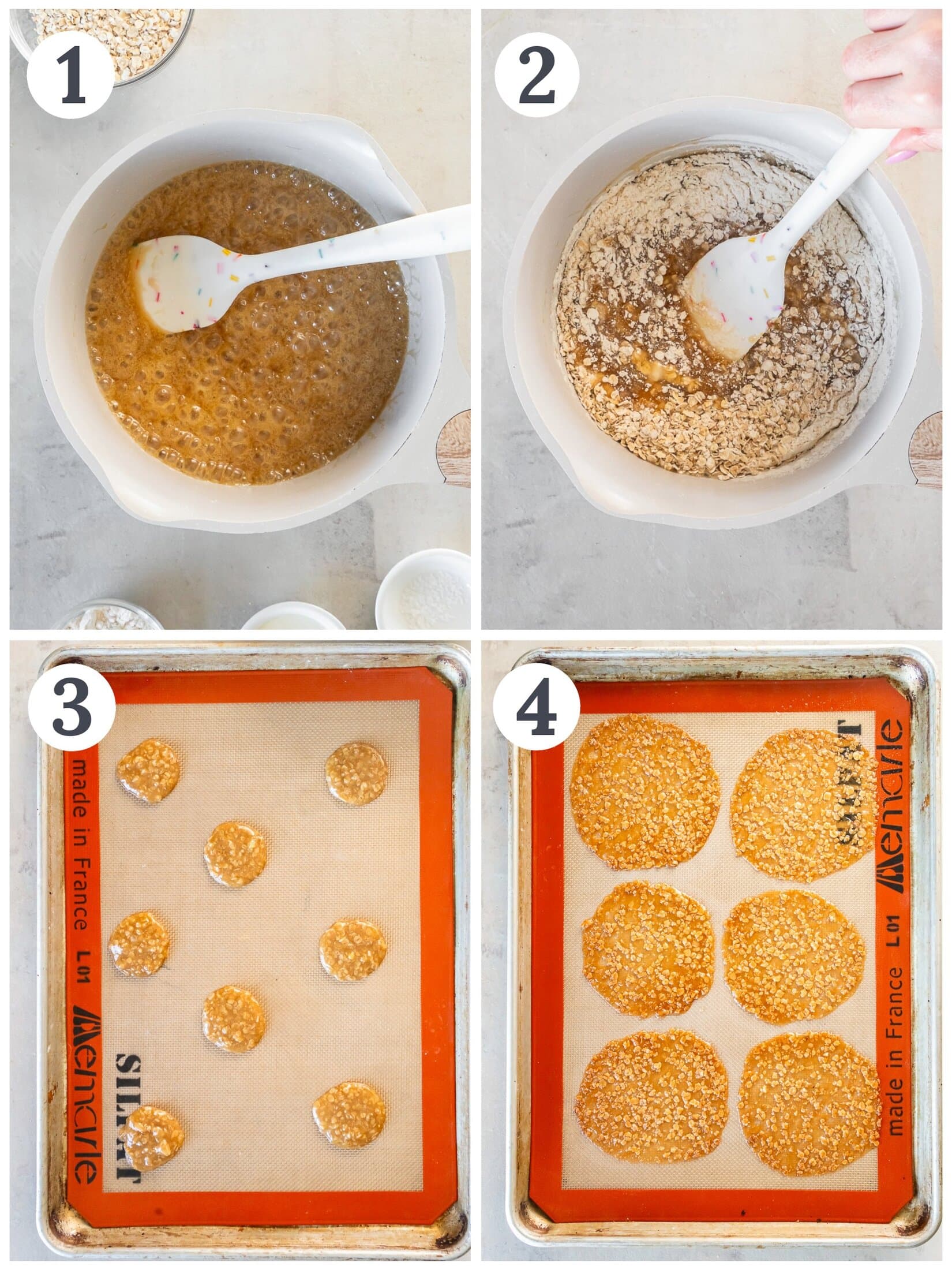 Stirring an oatmeal batter and dropping the batter on a cookie sheet.