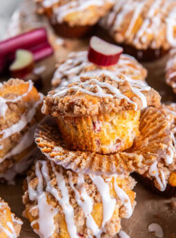Rhubarb muffins with a streusel topping and glaze.