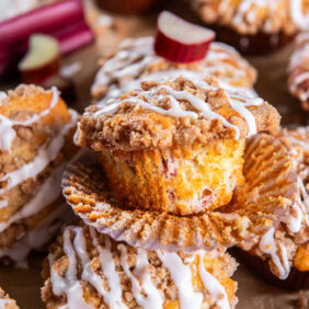 Rhubarb muffins with a streusel topping and glaze.