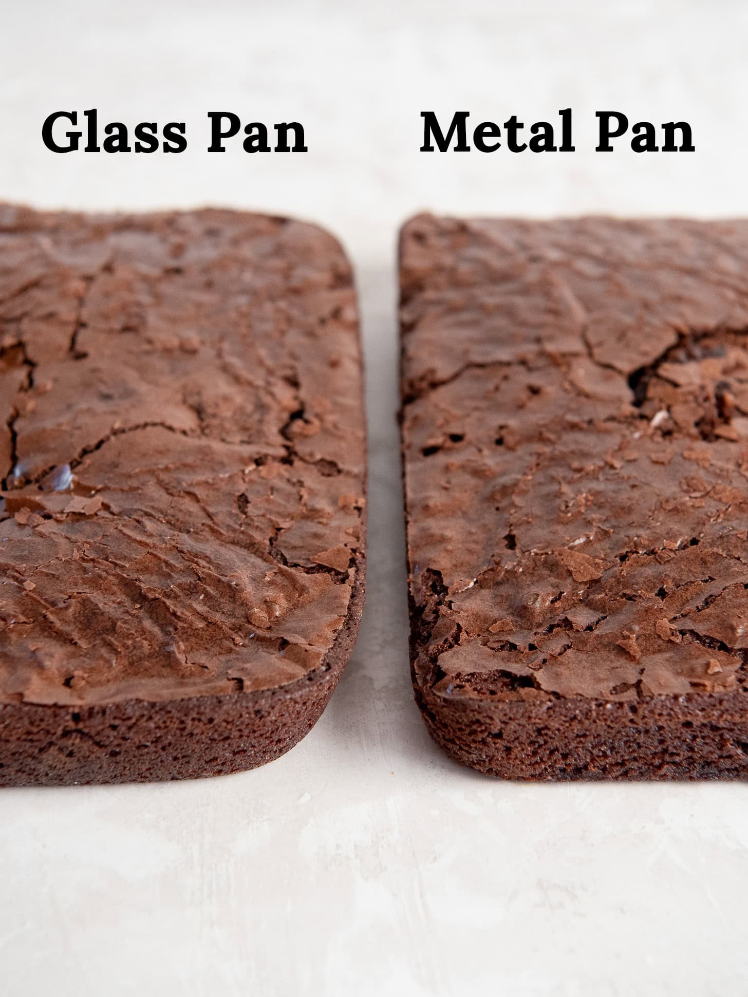 Showing brownies baked in a glass pan and baked in a metal pan.