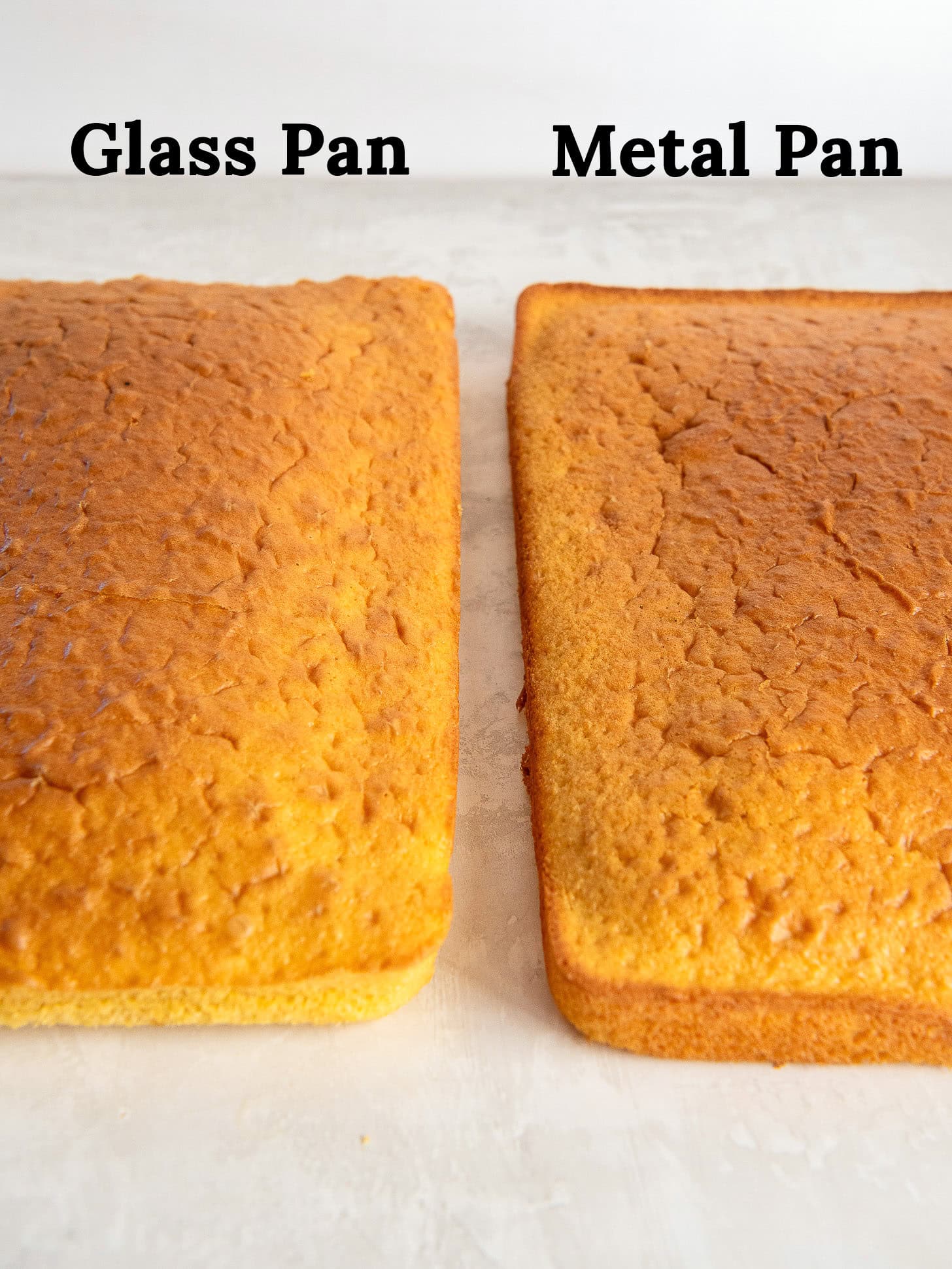 Showing one cake baked in a glass pan and one baked in a metal pan.