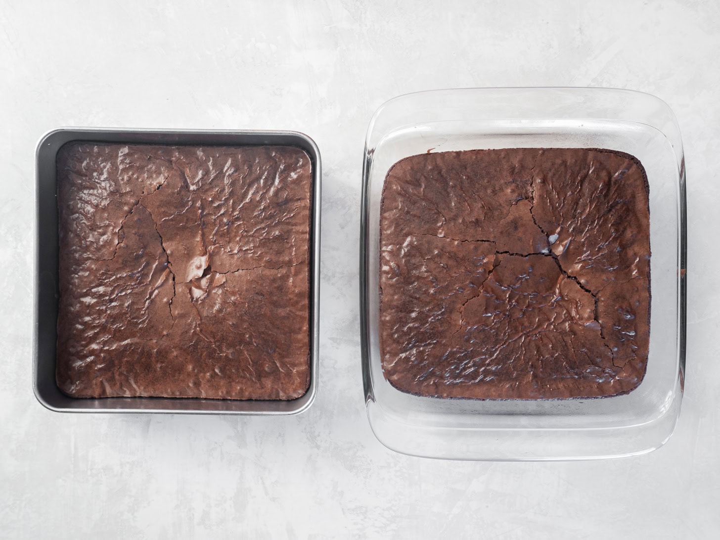 Showing brownies baked in a glass pan and baked in a metal pan.