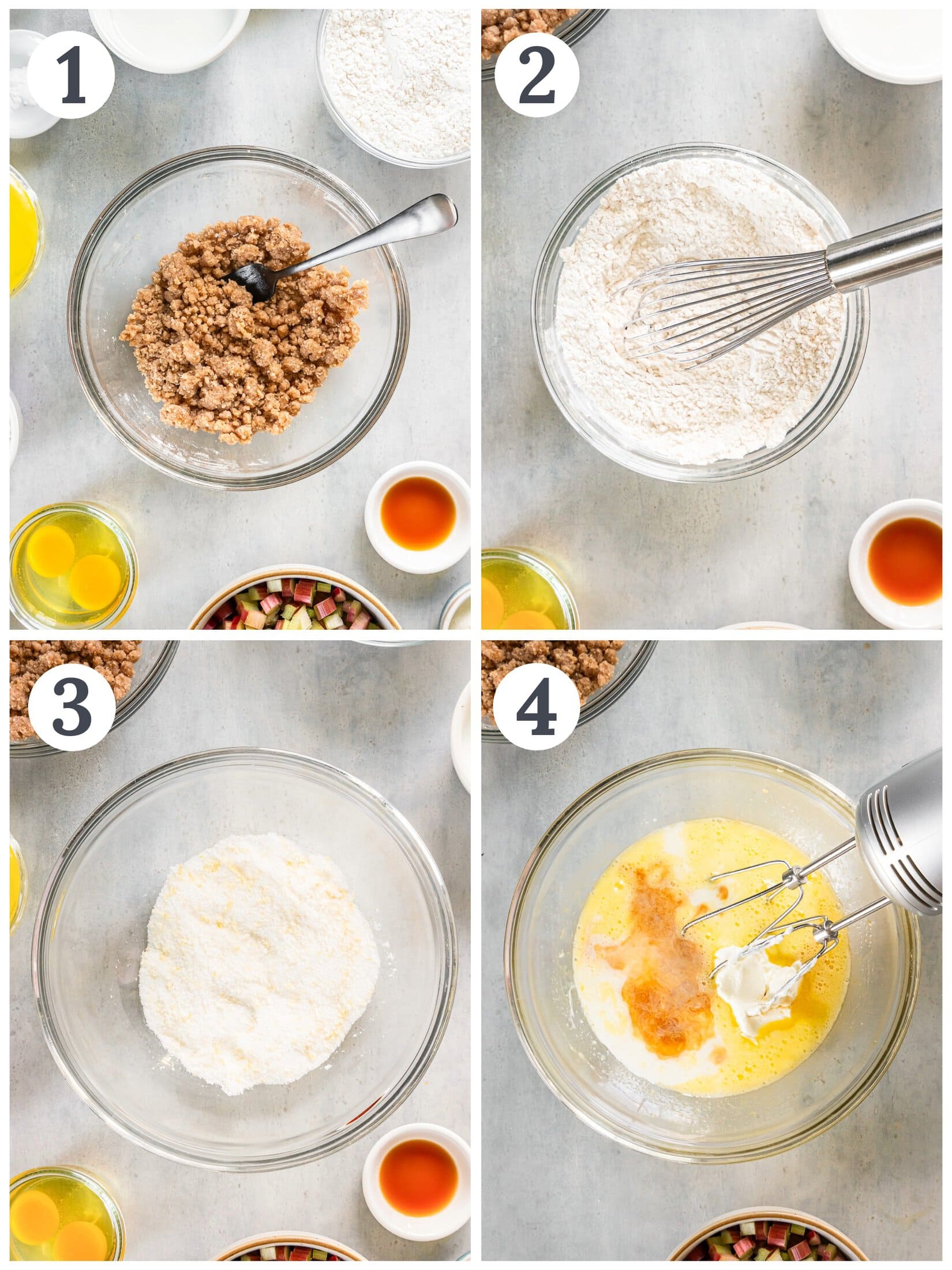 Showing the process of making streusel and muffin batter.