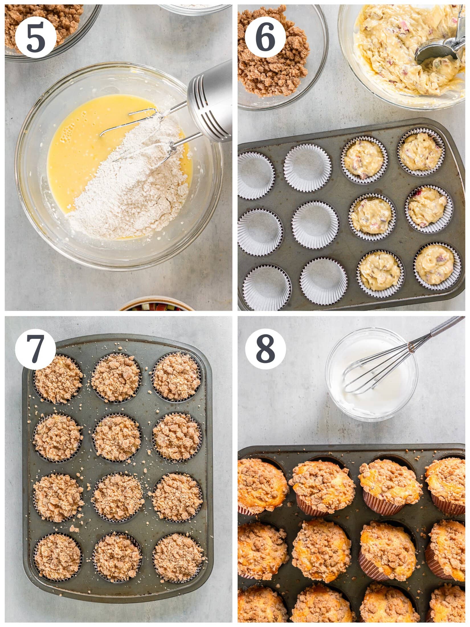 Showing the process of baking and adding glaze to muffins.