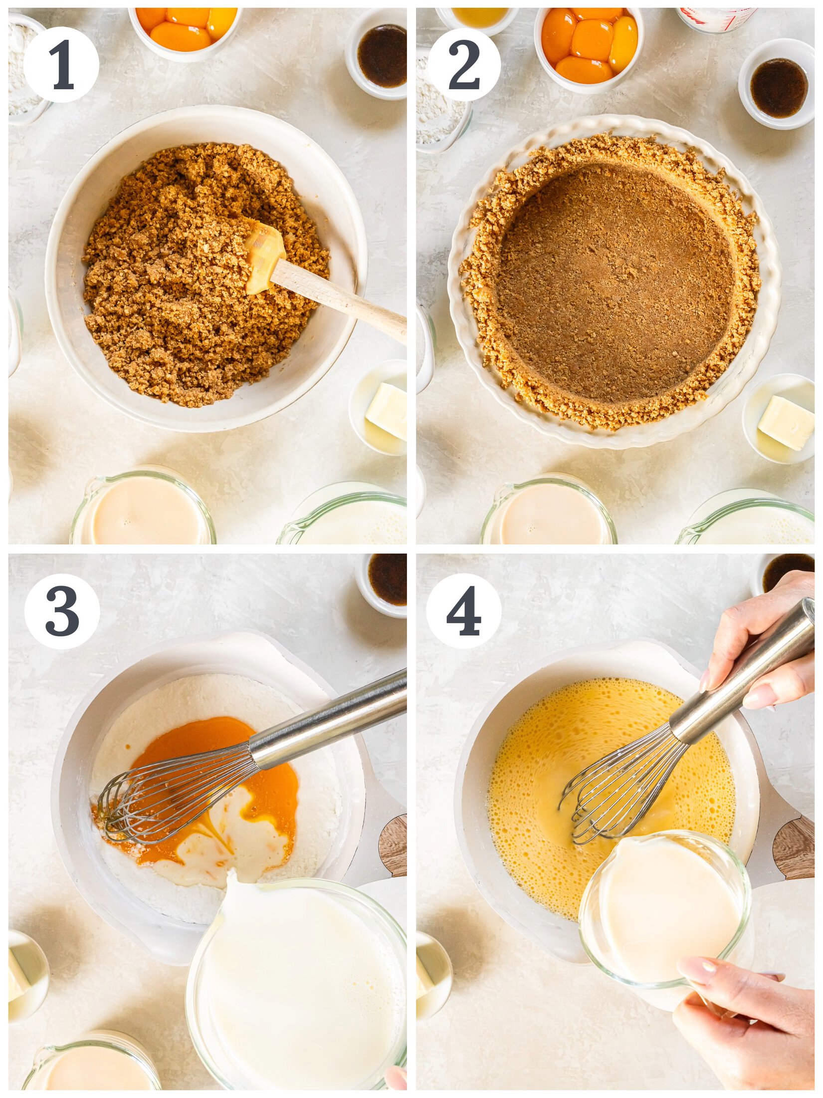 Combining ingredients for a graham cracker crust and whisking a creamy filling.