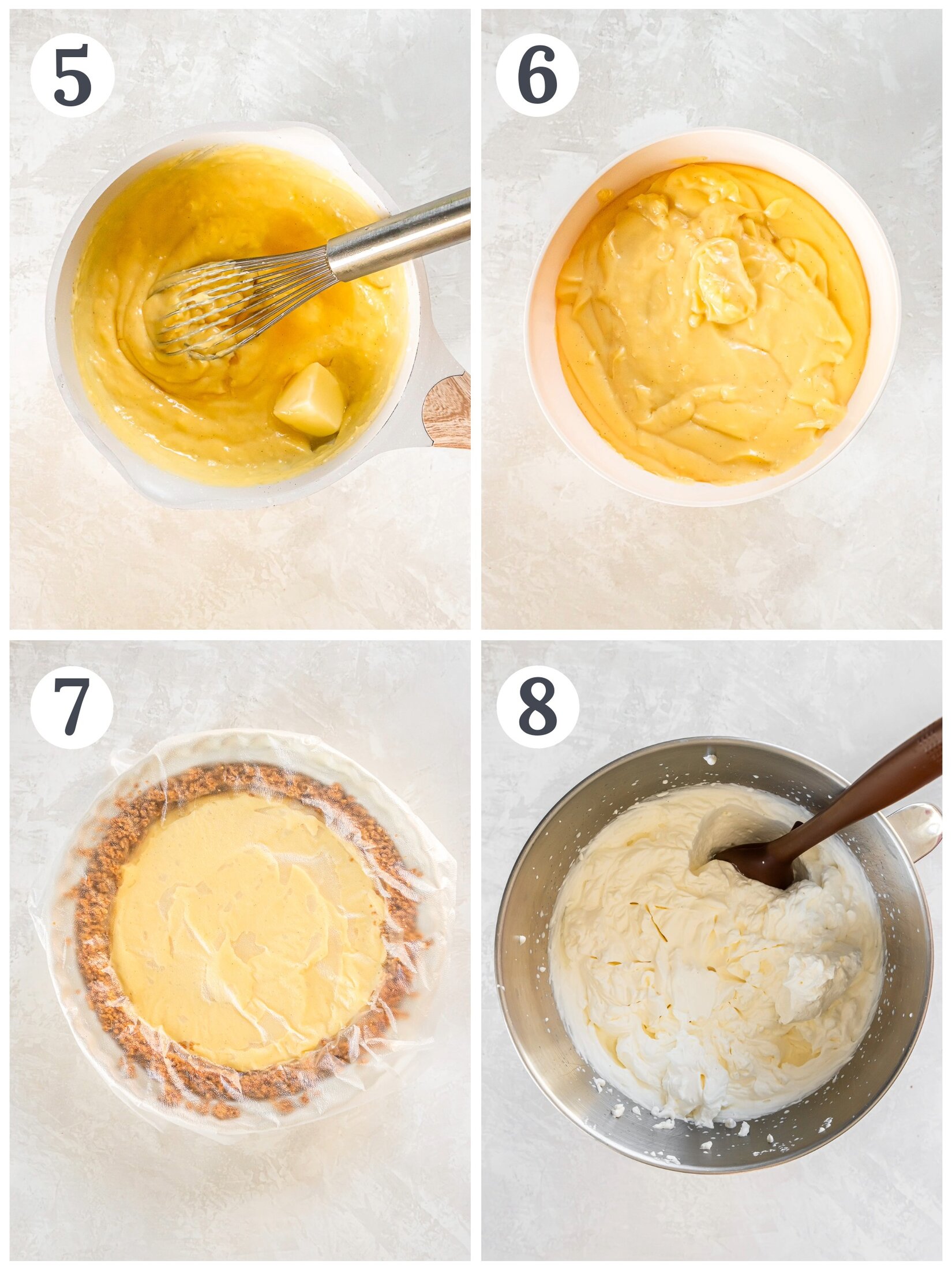 Whisking filling and covering a cream pie with plastic wrap.