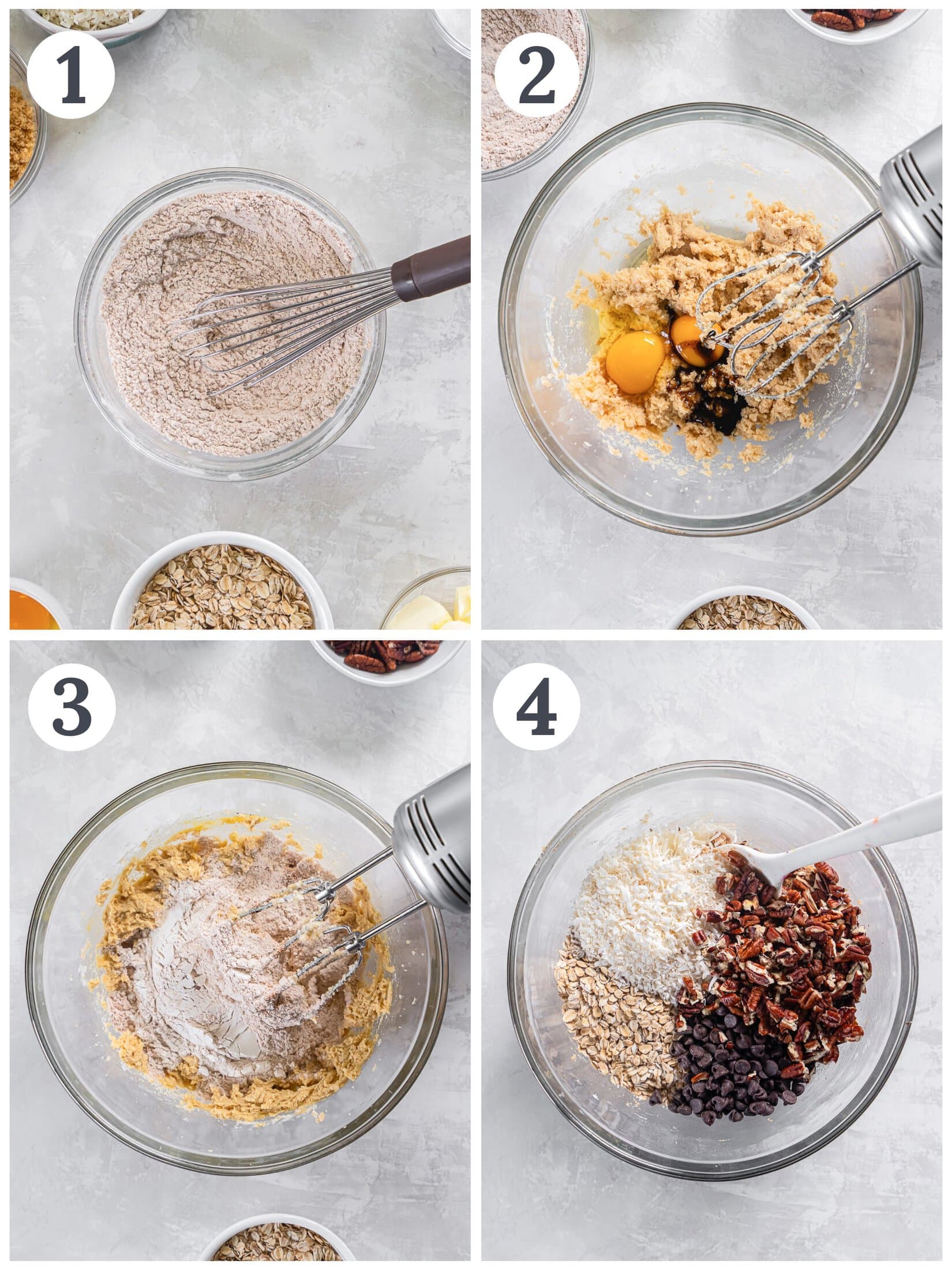 Showing the process of mixing cookie dough with pecans, coconut and chocolate chips.