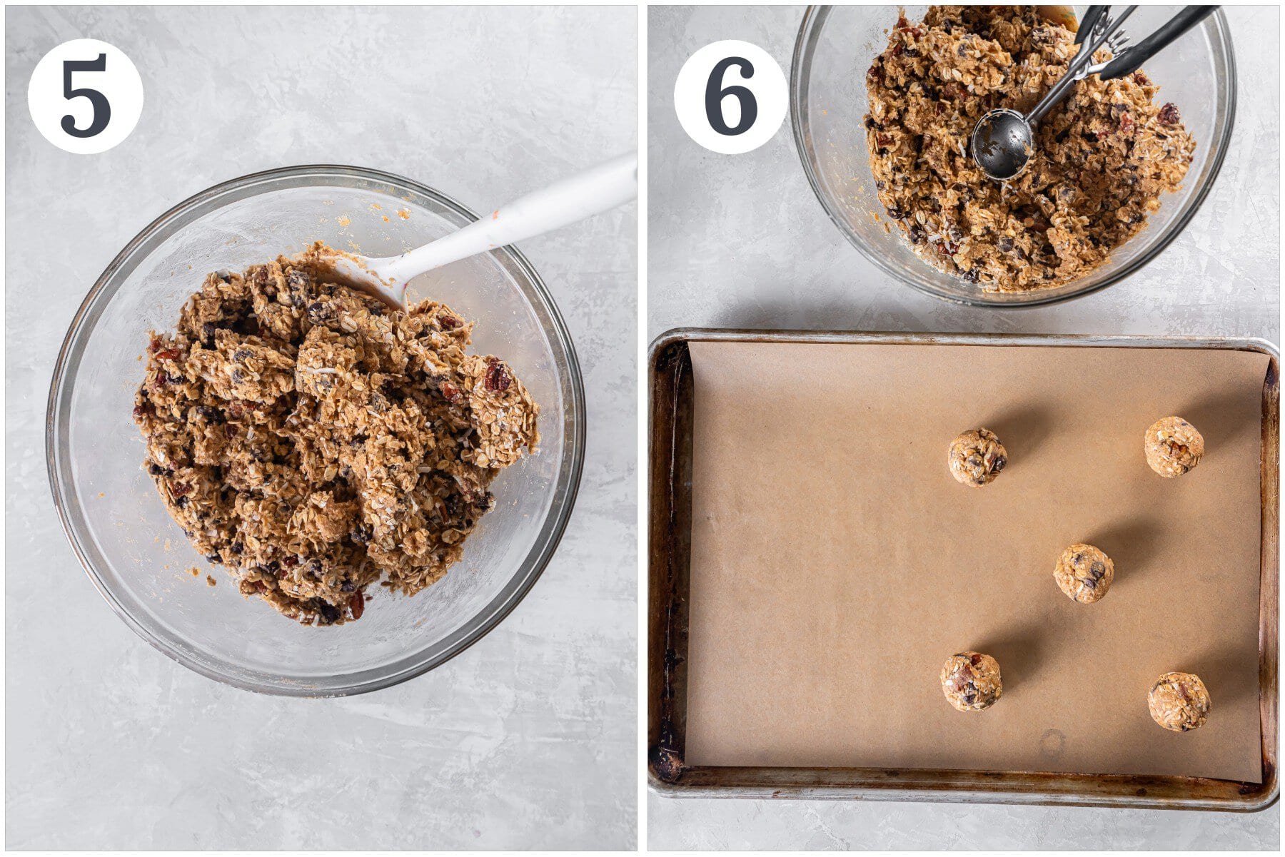 Scooping cookie dough on a cookie sheet.