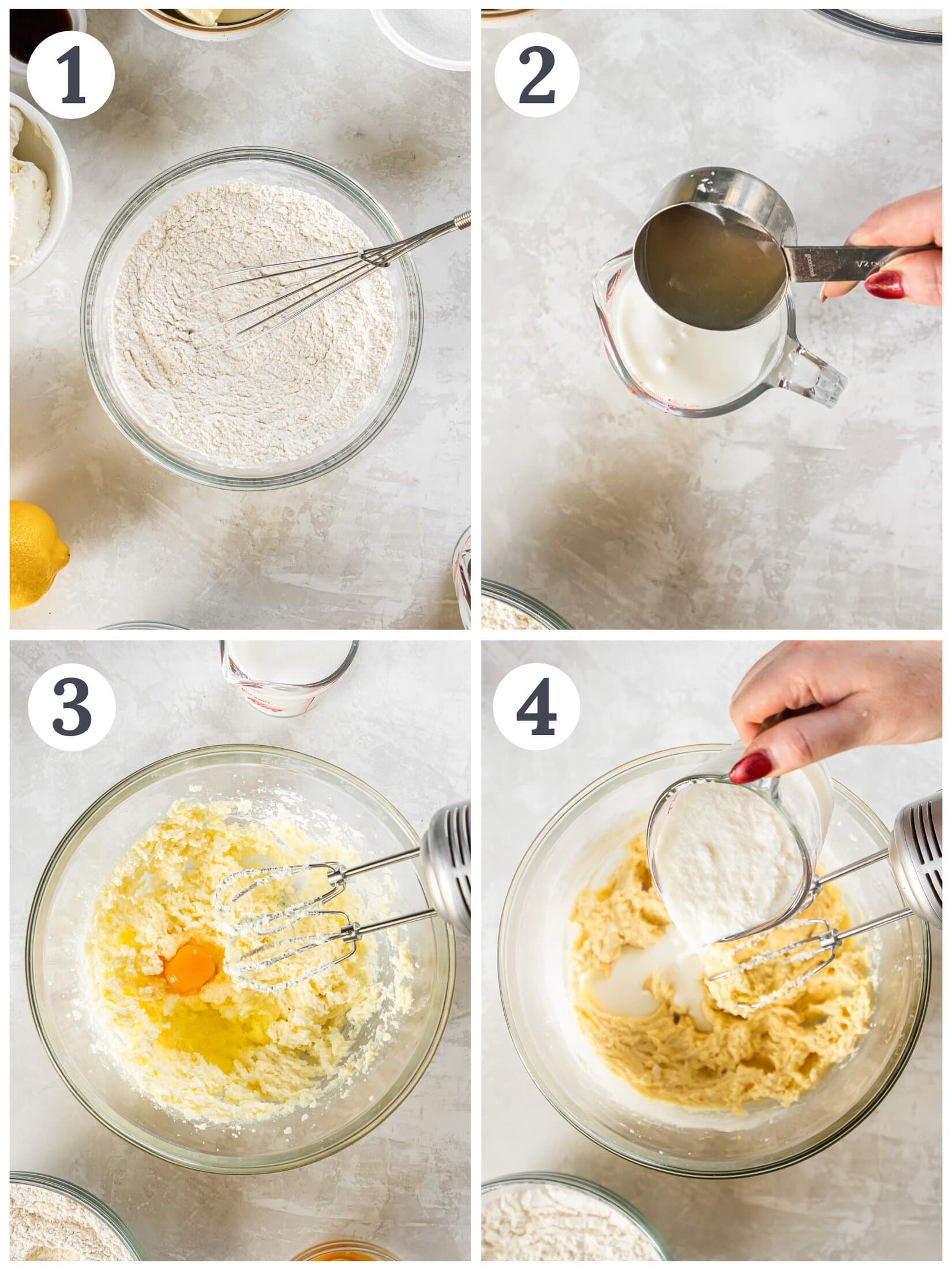 The process of mixing batter for a lemon cake.