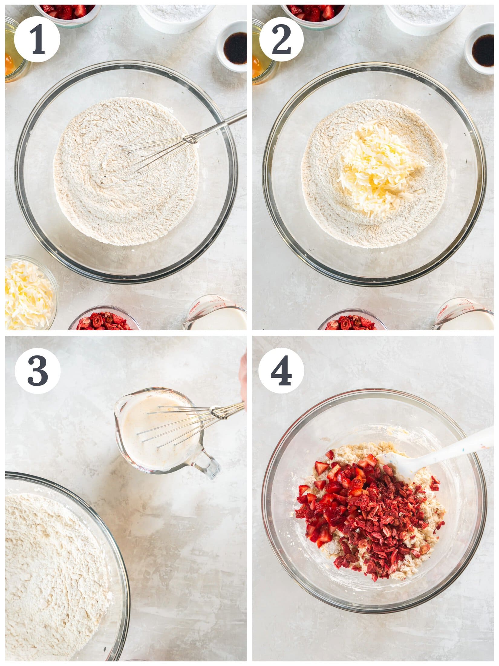 Process of mixing batter for strawberry scones.