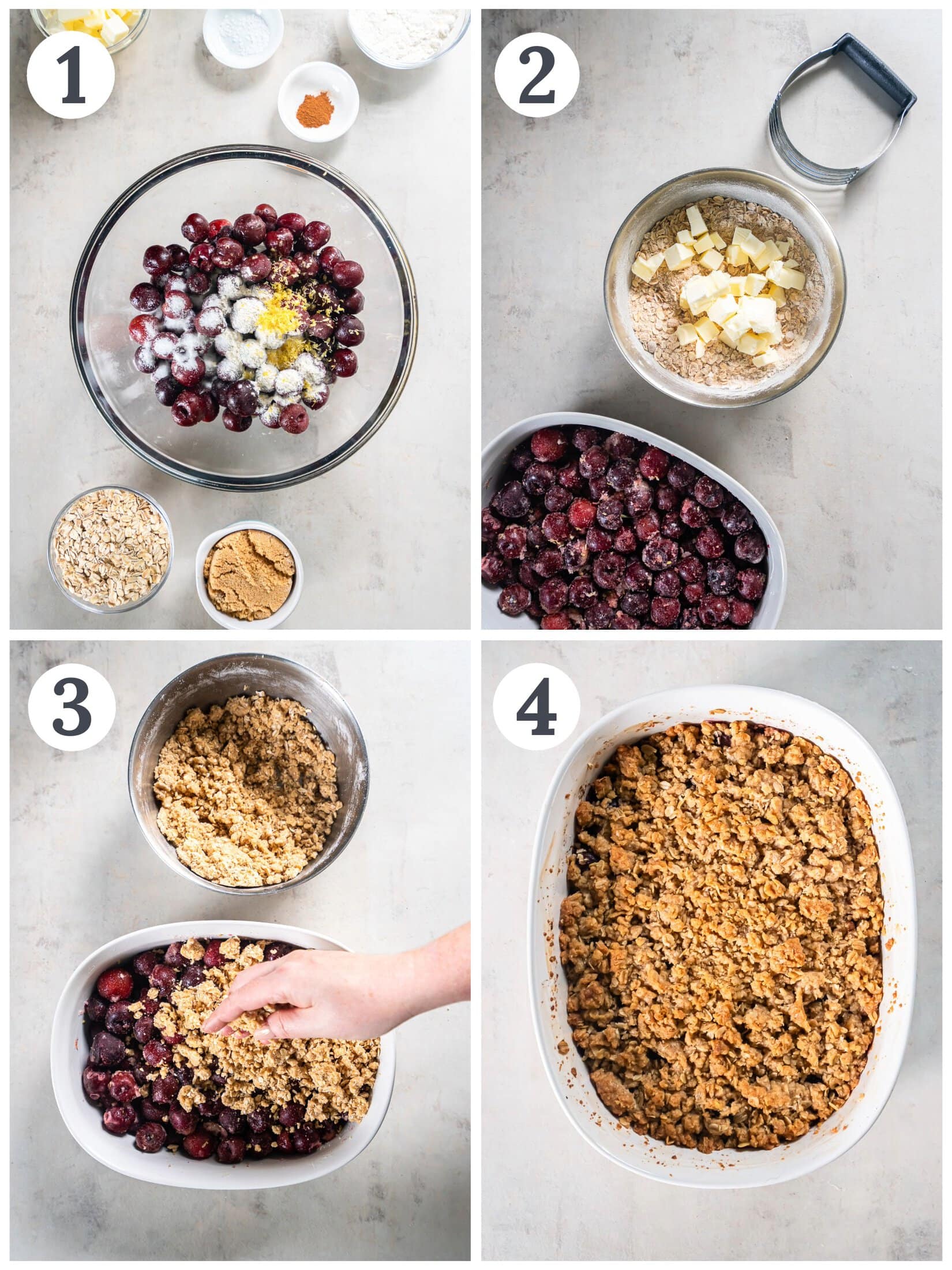 The process of mixing the filling and topping for a cherry crisp.