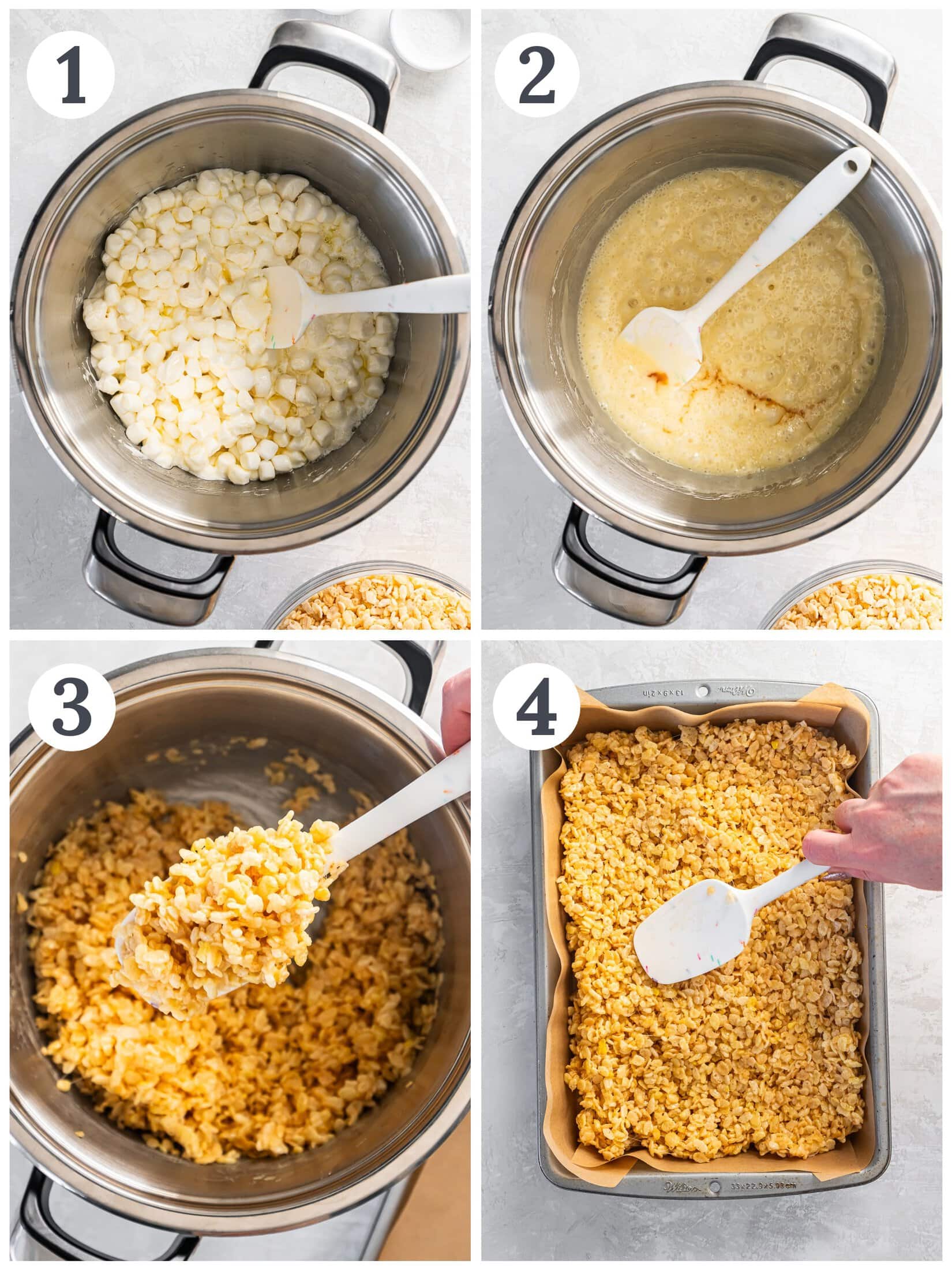 Stirring crispy rice cereal with melted butter and marshmallows.