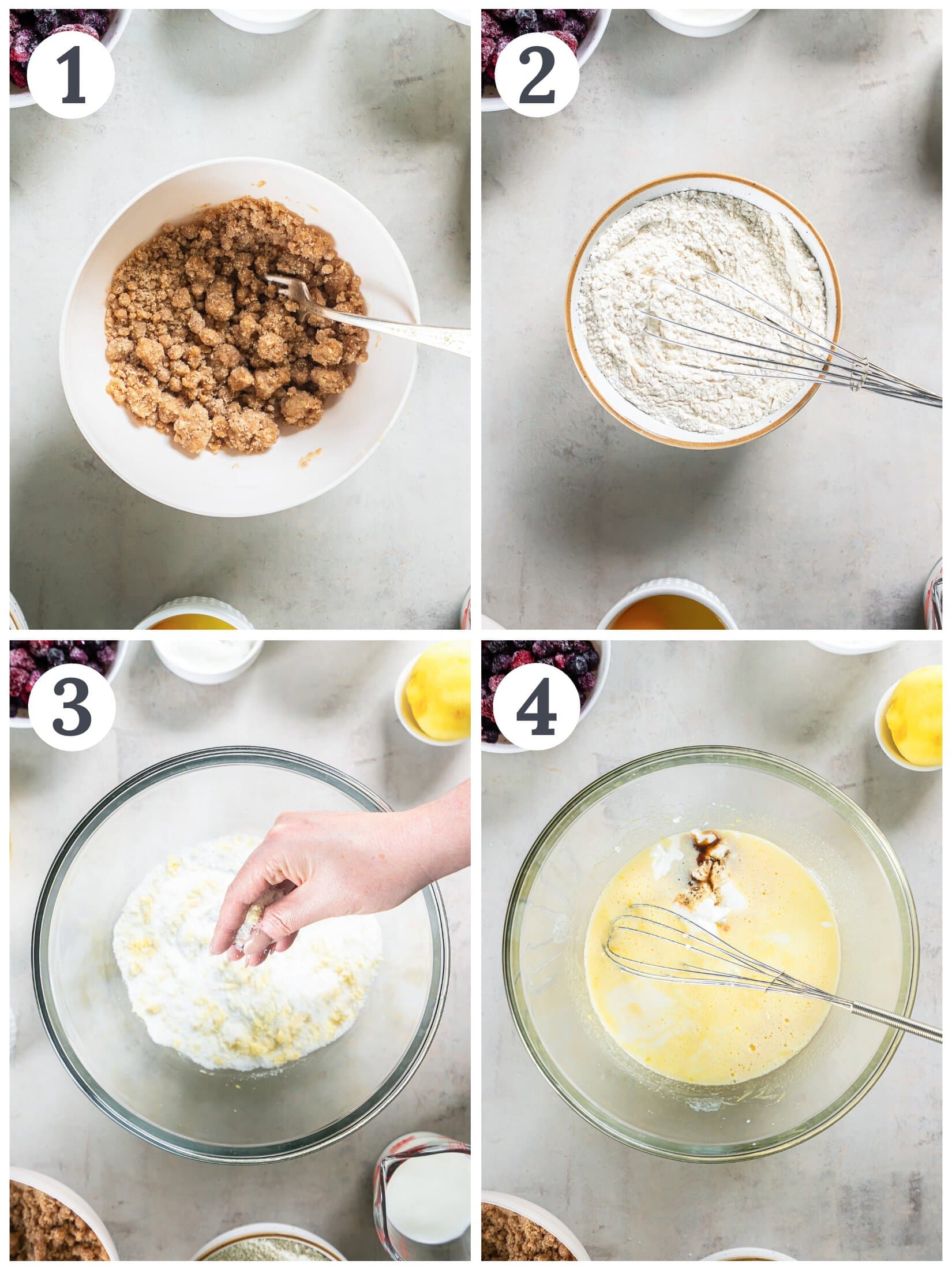 Showing the process of mixing ingredients to make muffins.