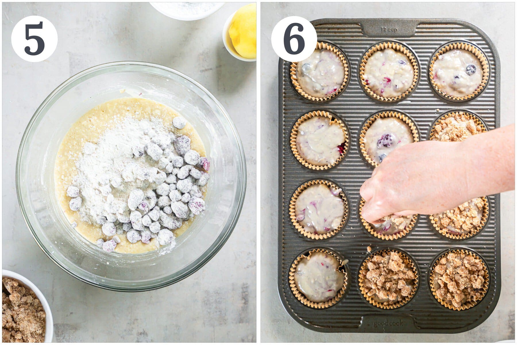 Adding muffin batter to a muffin pan.