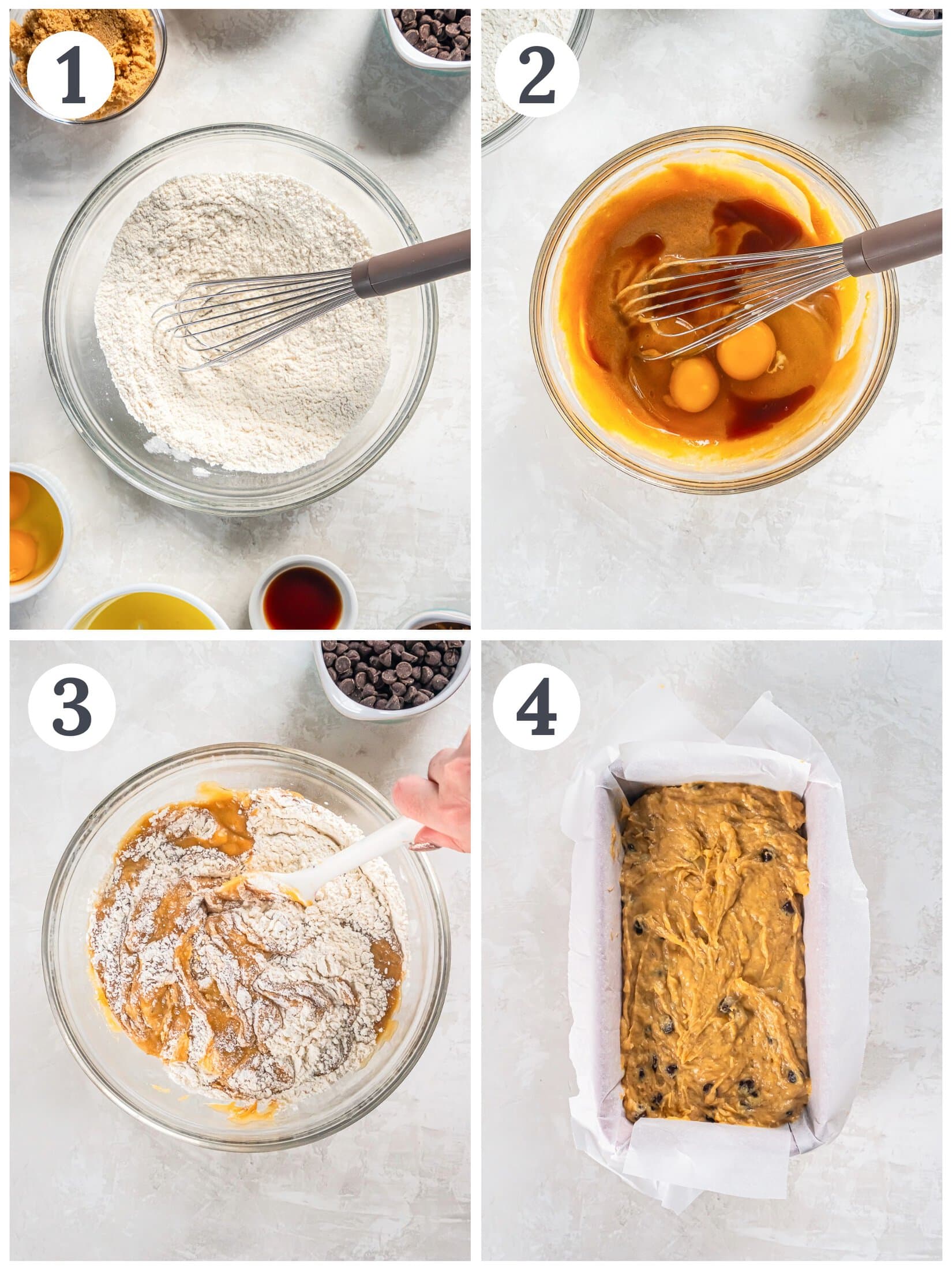 Showing the process of mixing ingredients for banana bread.