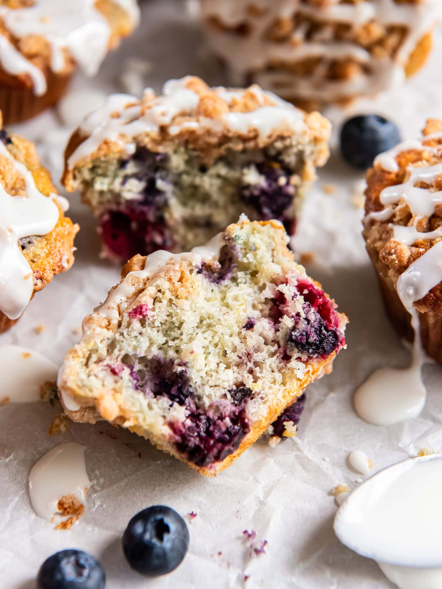Mixed berry muffin cut in half.