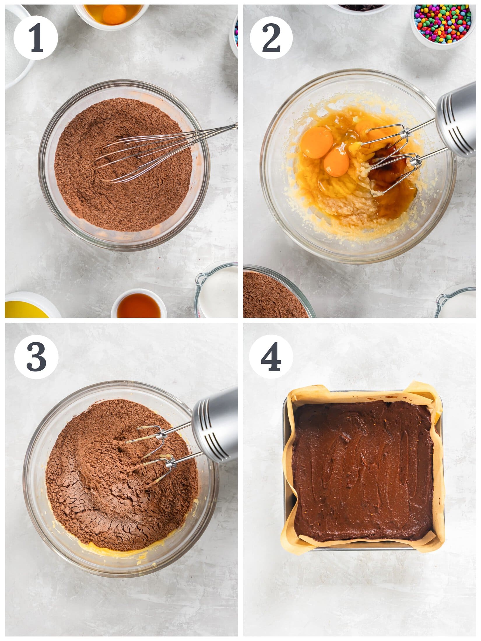 The process of mixing brownie batter.