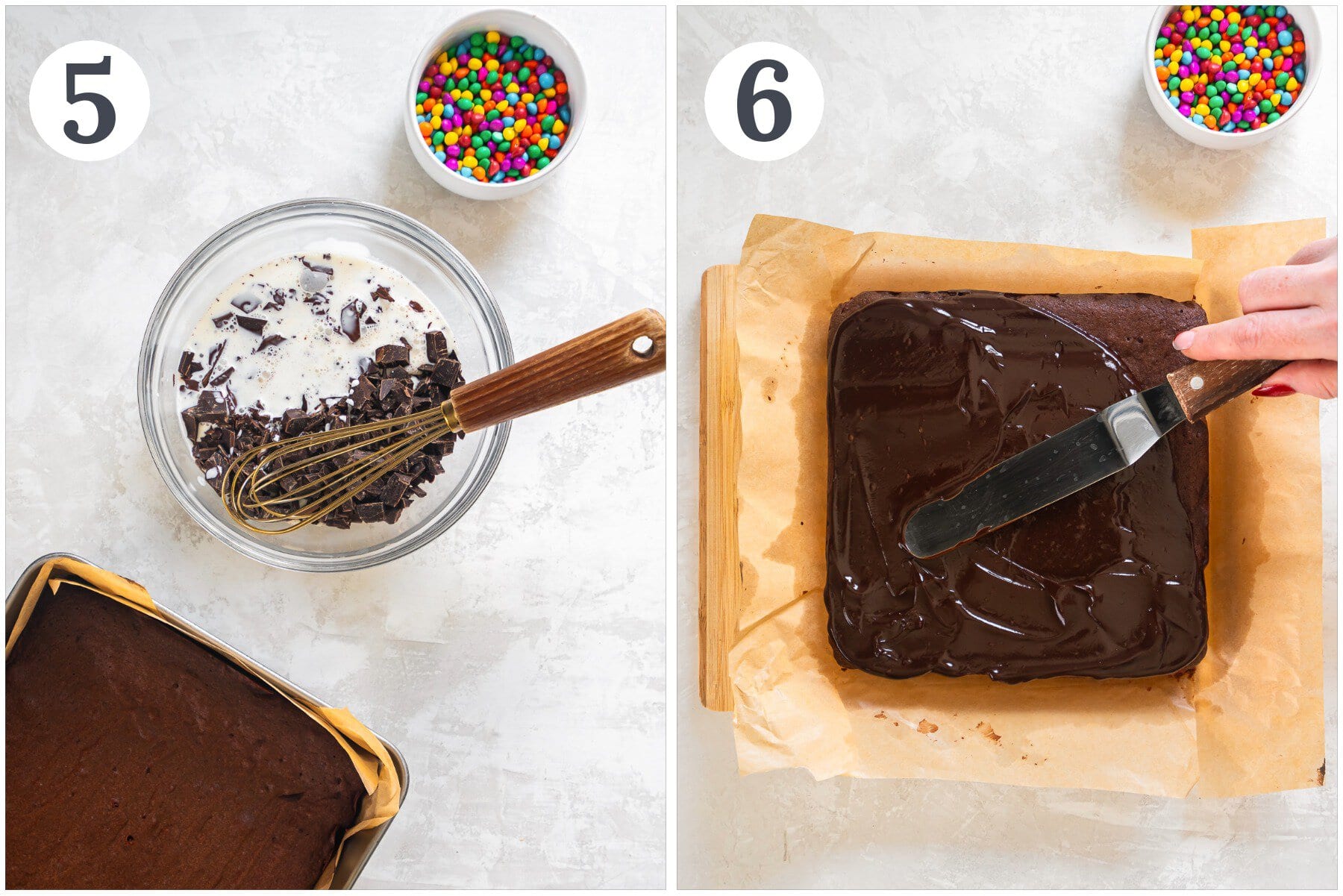 Mixing ganache in a small bowl and spreading it on brownies.