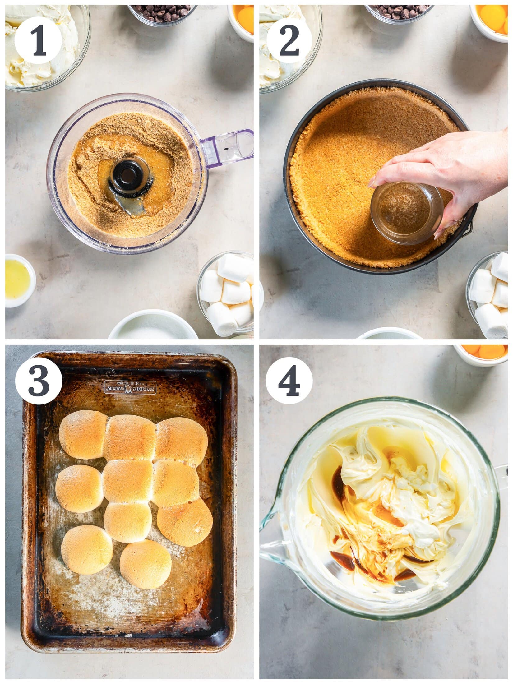 Process of making the crust and filling for s'mores cheesecake.