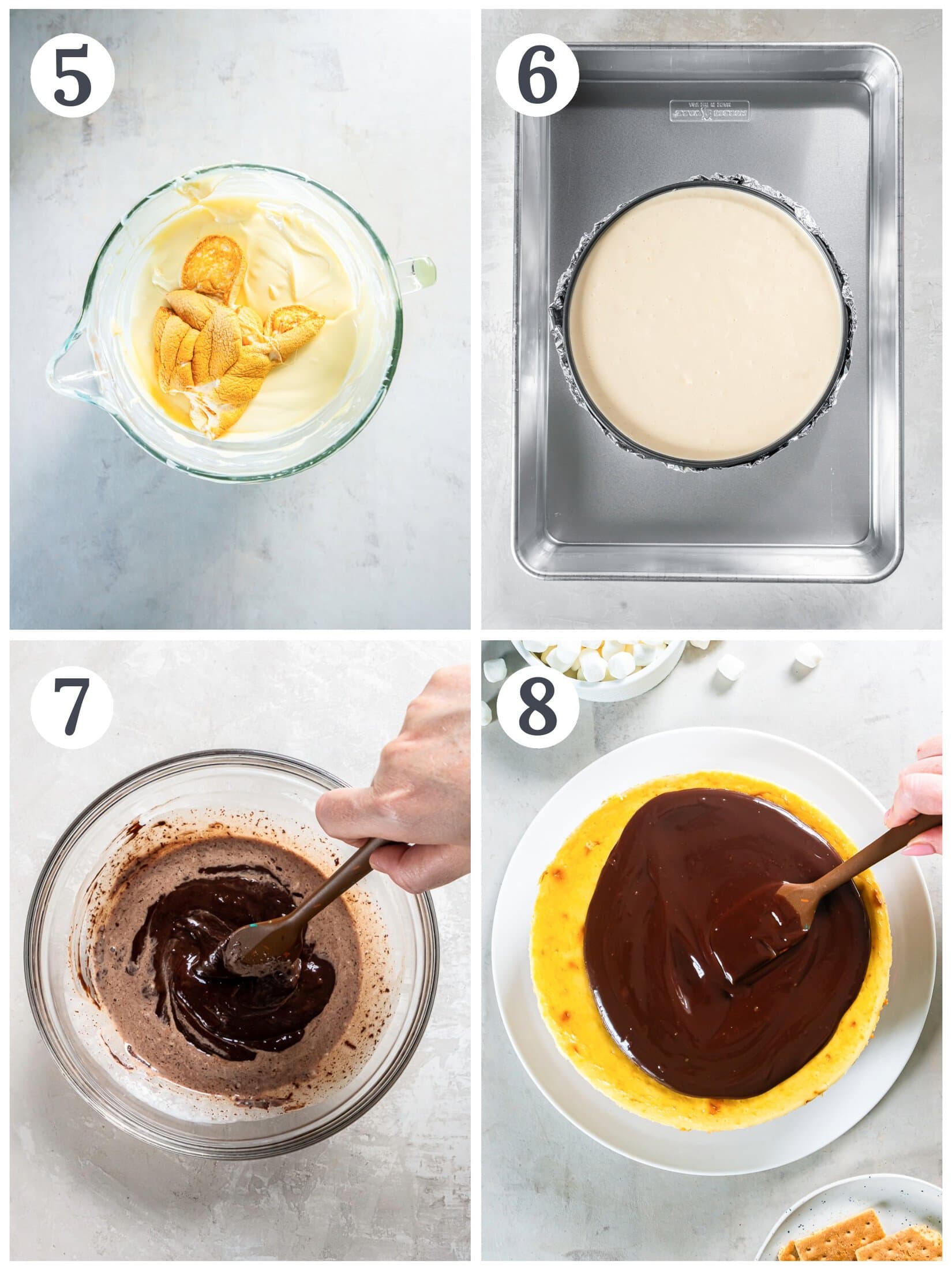 Making the filling and ganache topping for a s'mores cheesecake.