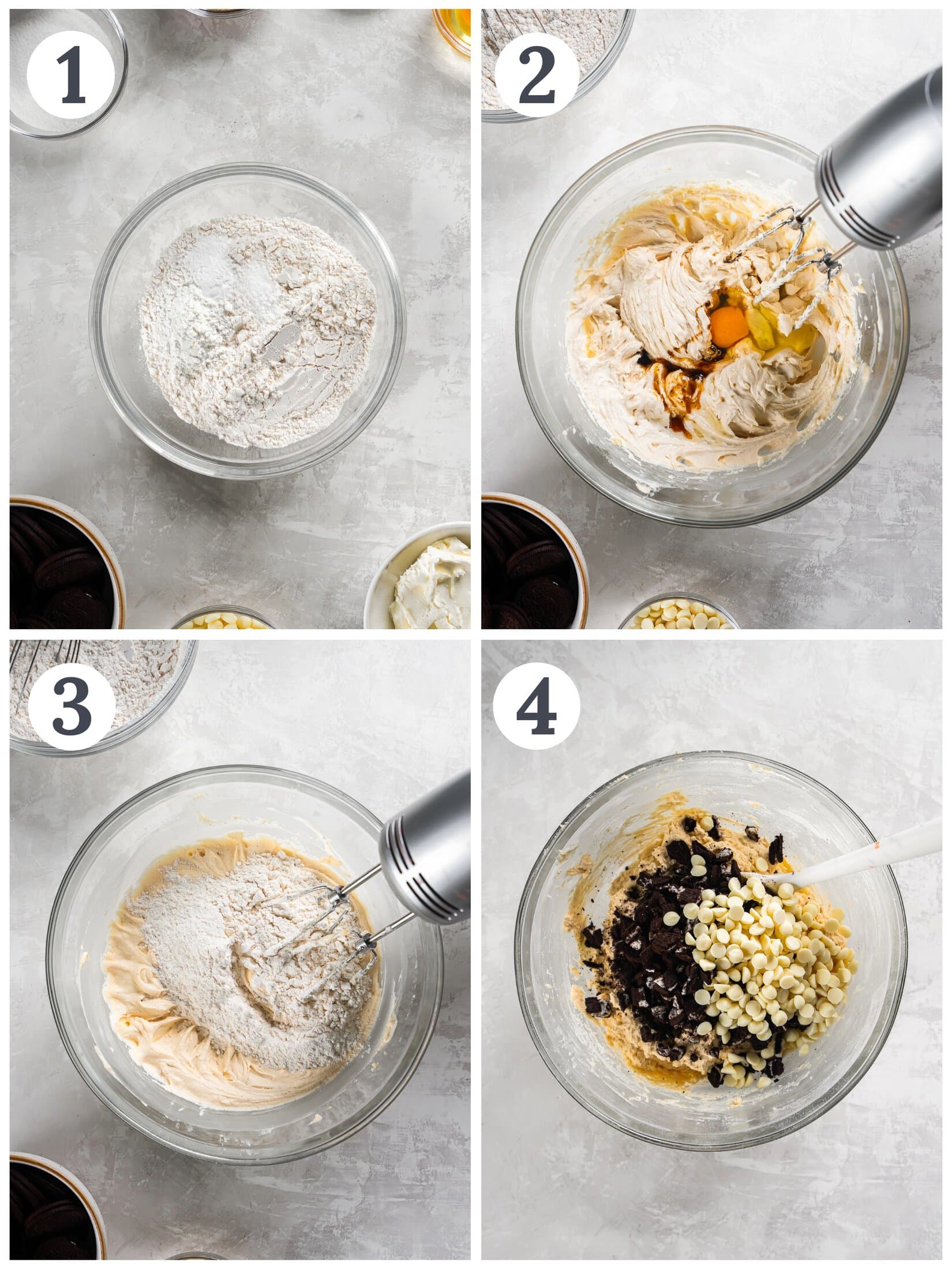 Showing the process of mixing cookie dough in bowls with a handheld mixer.