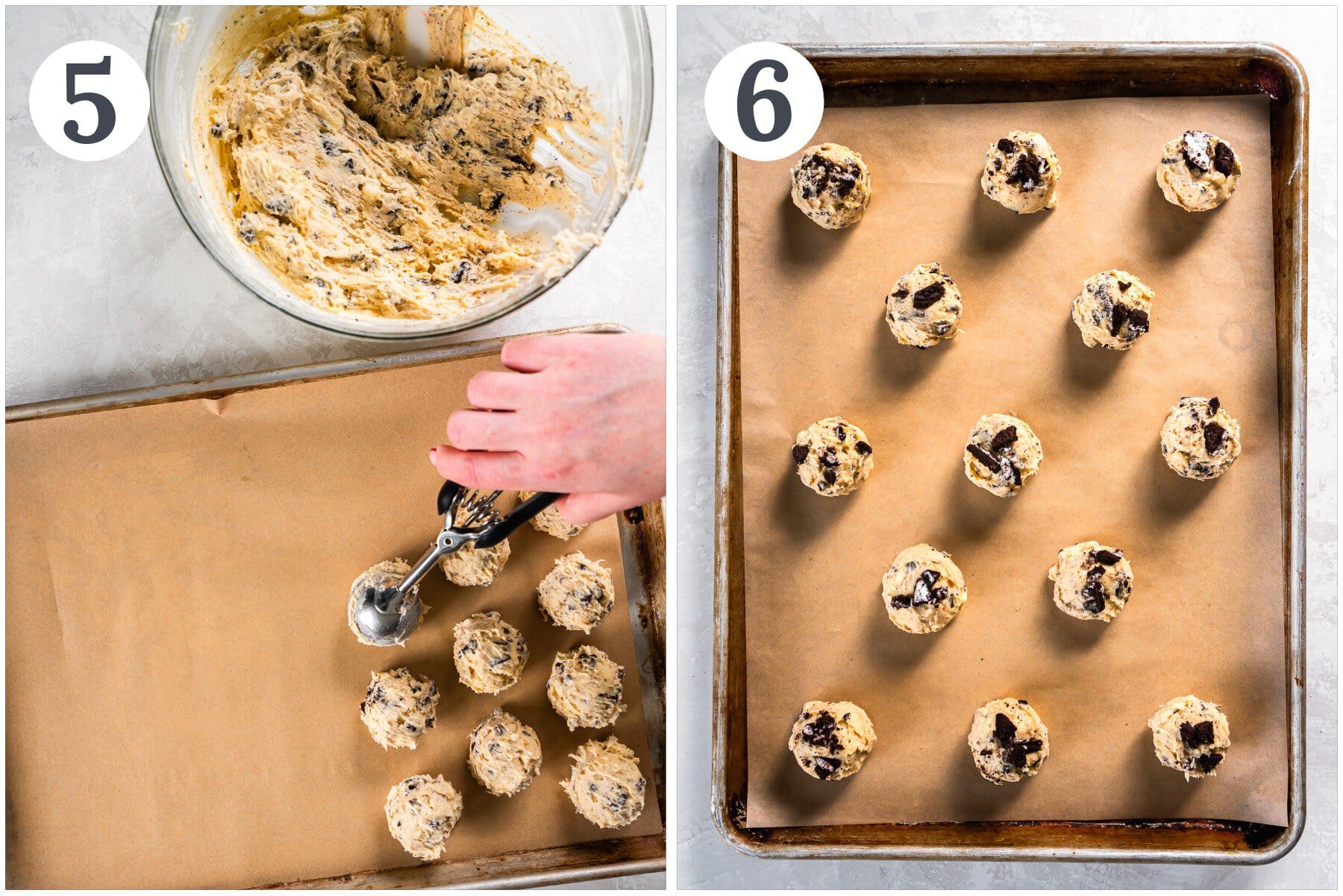 Scooping cookies and cream cookie dough batter onto a baking sheet.