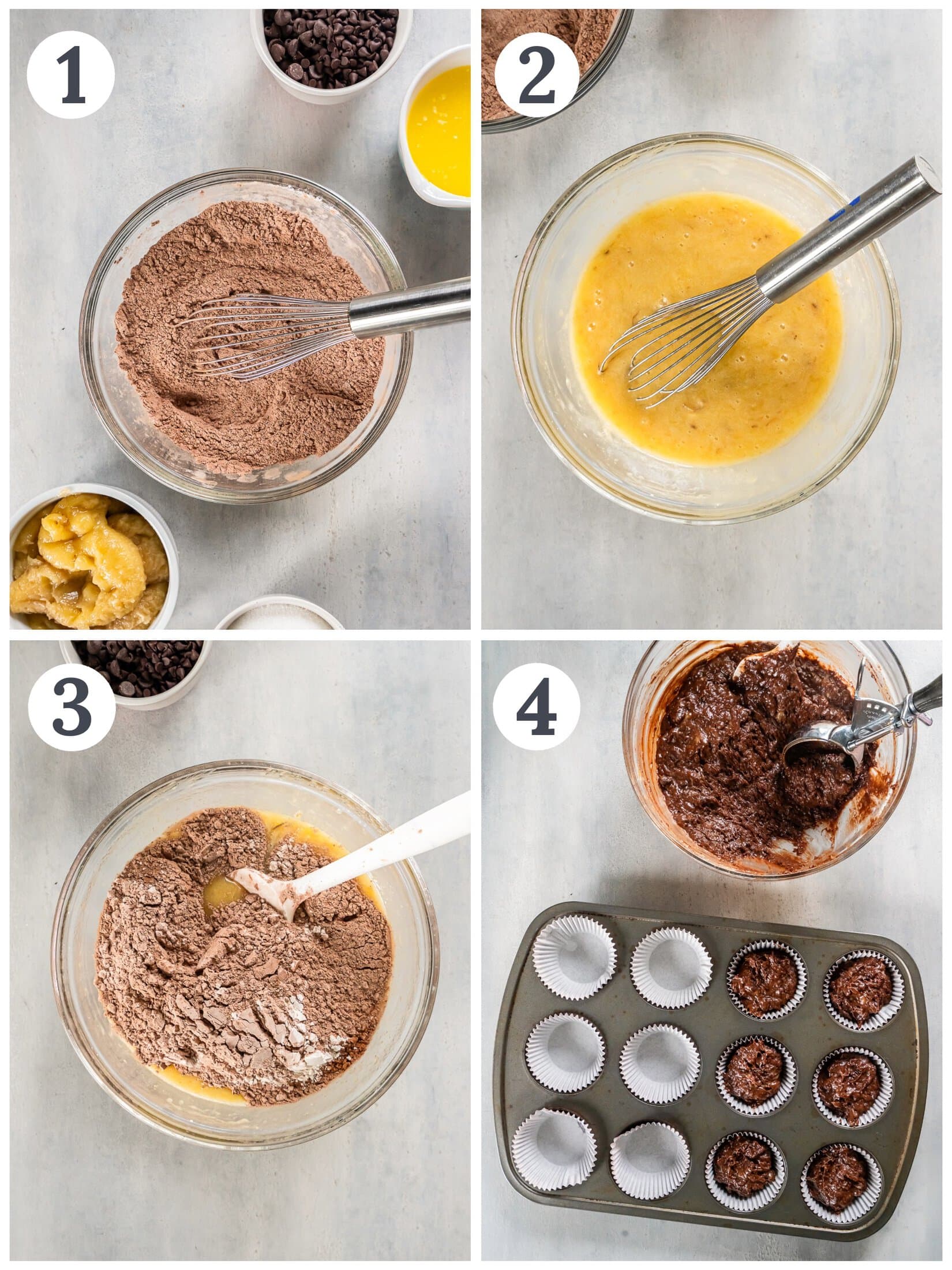 Mixing batter and spooning batter into a muffin pan.