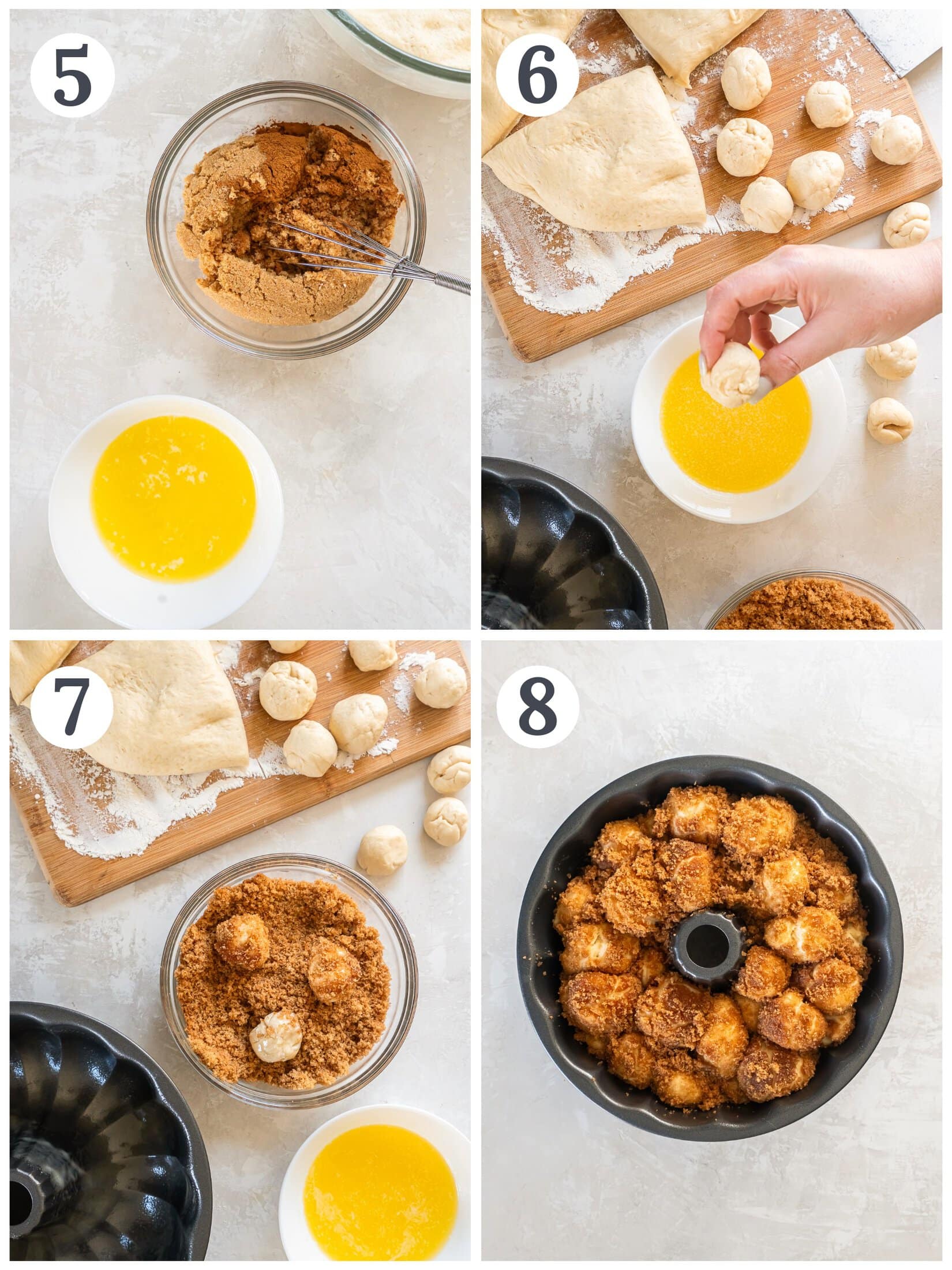 Dipping dough balls into butter and cinnamon sugar mixture.