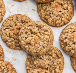 Caramel oatmeal cookies with flaky sea salt.