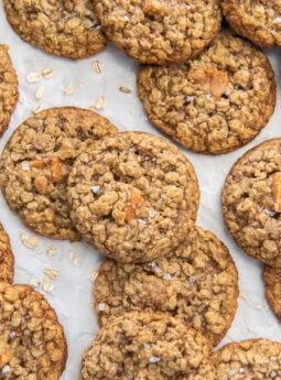 Caramel oatmeal cookies with flaky sea salt.