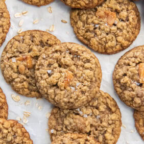 Caramel oatmeal cookies with flaky sea salt.